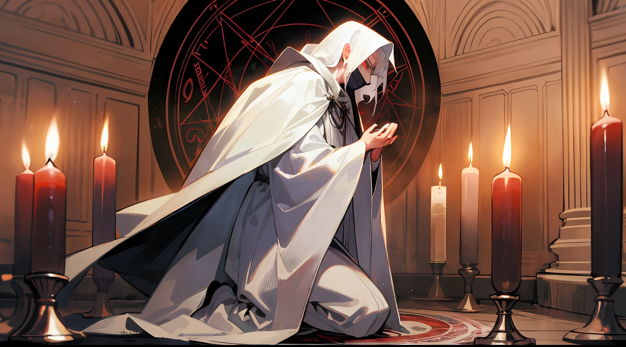 (Magic circle:1.2) summons devil into a dimly lit (room:1.1), a cultist (white hair),(kneeling:1.1) in devout prayer, wearing a (white cloak), (wear red face mask), surrounded by flickering (candles:1.1)