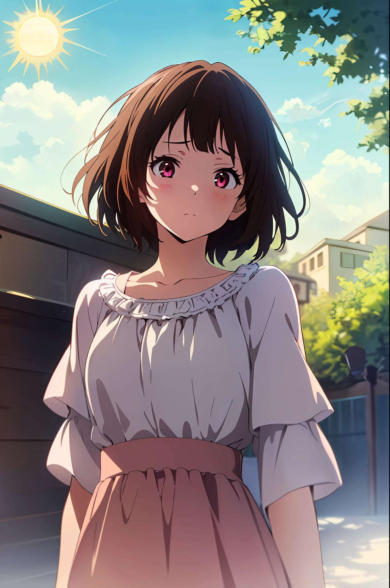 (highres, best quality:1.2), 1girl, radiance, soft contours, beautiful drawing, upper body, concept art, eyelashes, kyoani hyouka style, may, sun, spring, blue sky, detailed background, light blush, bright colors