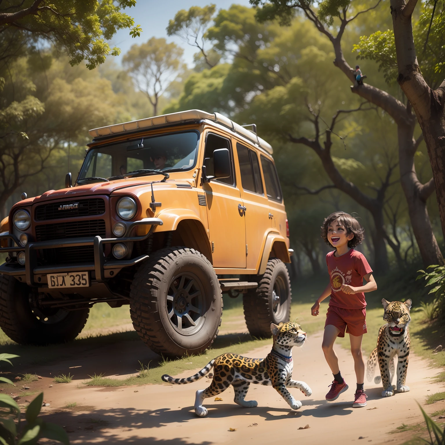 para um livro infantil, em uma clareira na floresta, Cheerful children playing with a jaguar