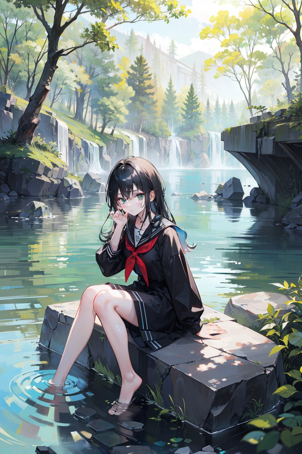 1 girl in、Long black hair、disheveled hair、Green eyes、Beautiful eyes、Black sailor suit、in woods、waterside、((Sitting on a large stone by the water))、Sit on a rock、Feet immersed in water、full bodyesbian、Drawn from diagonally in front、((Depicted from afar))、Facing away、Emotionless facial expressions、The tree々Light from between、(High resolution of the highest quality)、((Masterpiece Highest Quality:1.2)), [[bad face]], [[Fused fingers]], [[Multiple fingers]], [[multiple limbs]]