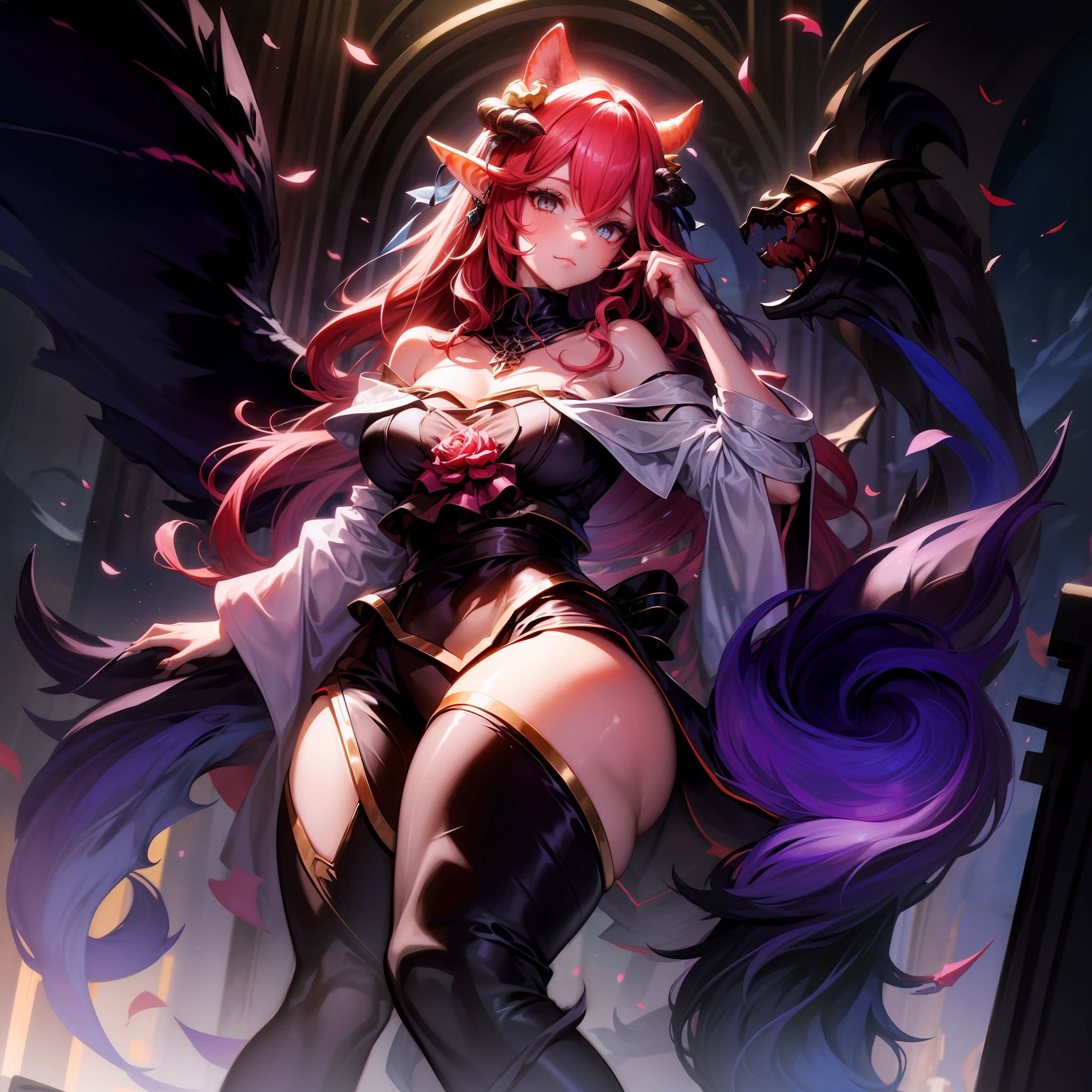 A female demon with cat ears, Elf ears and black demon horn, ((orelhas de elfo)), ((demon horn)), (orelhas de gato)), cabelo cor-de-rosa extremamente longo, ((Cabelo cor-de-rosa)), White eyes of the demon, ((olhos brancos)), vestido de gala preto longo volumoso e lindo, Gothic cathedral abandoned and destroyed with corvus and spiders