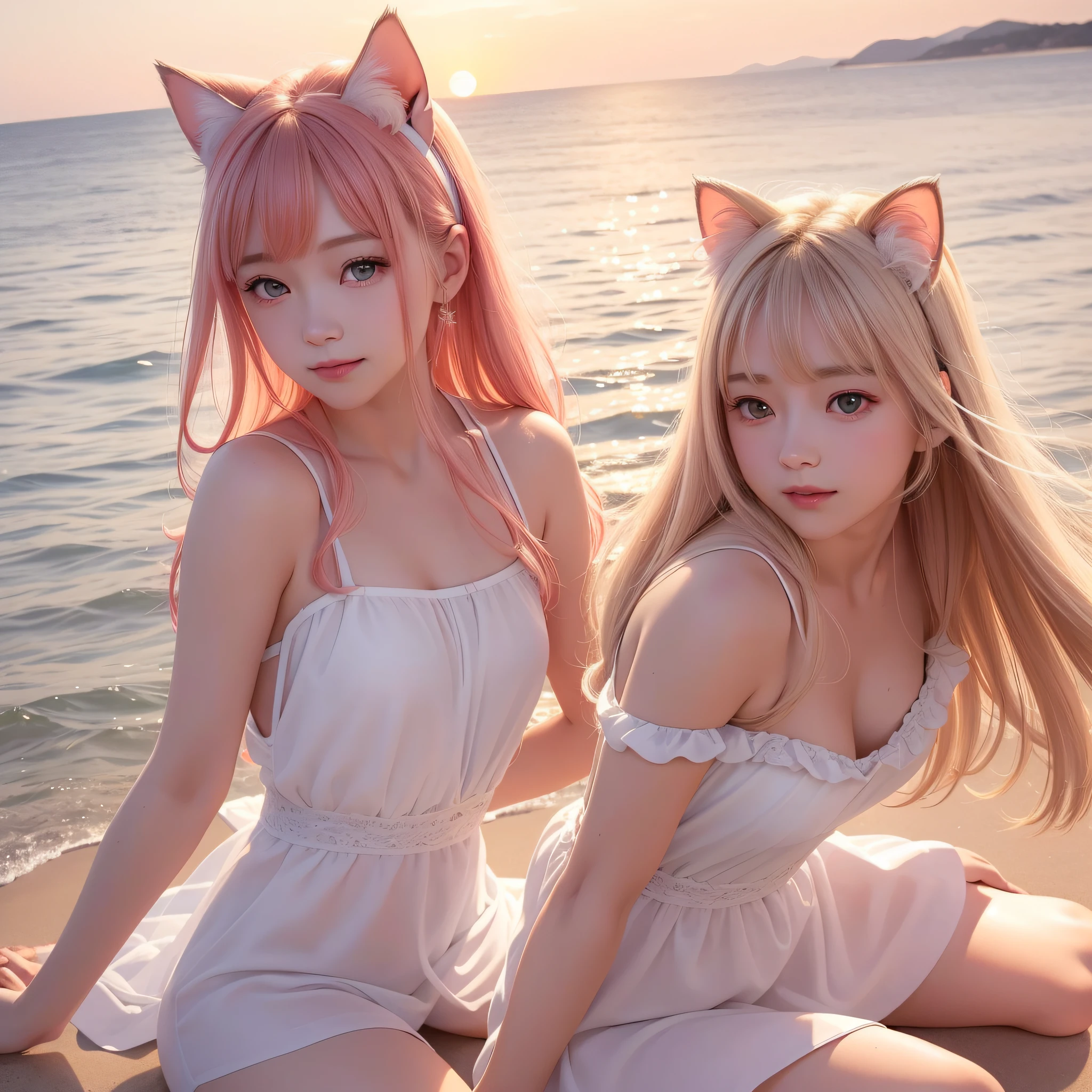 (Best Quality:1.5), (Detailed CG), (High resolution:1.5),White cat with the face of the queen of the country of cat ears、Cat eared girl face and white cat、Face closeup and white cat、Close-up RAW photos, (lipgloss、Eye lashes、Shiny face、shinny skin、best qualtiy、超A high resolution、depth of fields、chromatic abberation、Caustics、Wide range of lighting、Natural Shading)、Beautiful sunset sea spreads out in the background。The sea is calm and quiet、The light of the setting sun reflects off the surface of the water and shines。Beautiful orange and pink color of sky、The beauty of the sunset envelops the whole。In the center of the photo is、The face of a cute girl with cat ears is projected。She was smiling with a calm expression.、Shining in the sunset light。Her eyes assimilated with the colors of the setting sun、Reflects soft orange and pink colors。Eta、There was a white cat beside her.、It's dusk with her。The cat seems to be her best friend、Makes you feel trust and peace。Its white fur shines in the light of the setting sun.、You may look like an angel。This photo is、Adorable cat-eared girl and white cat、Capture the happy moment of the sunset with the beautiful sunset of the sea.、Give viewers a warm impression and a sense of security.。It is a scene that combines the beauty of nature with kindness...、It will be a special moment that will remain in your mind。