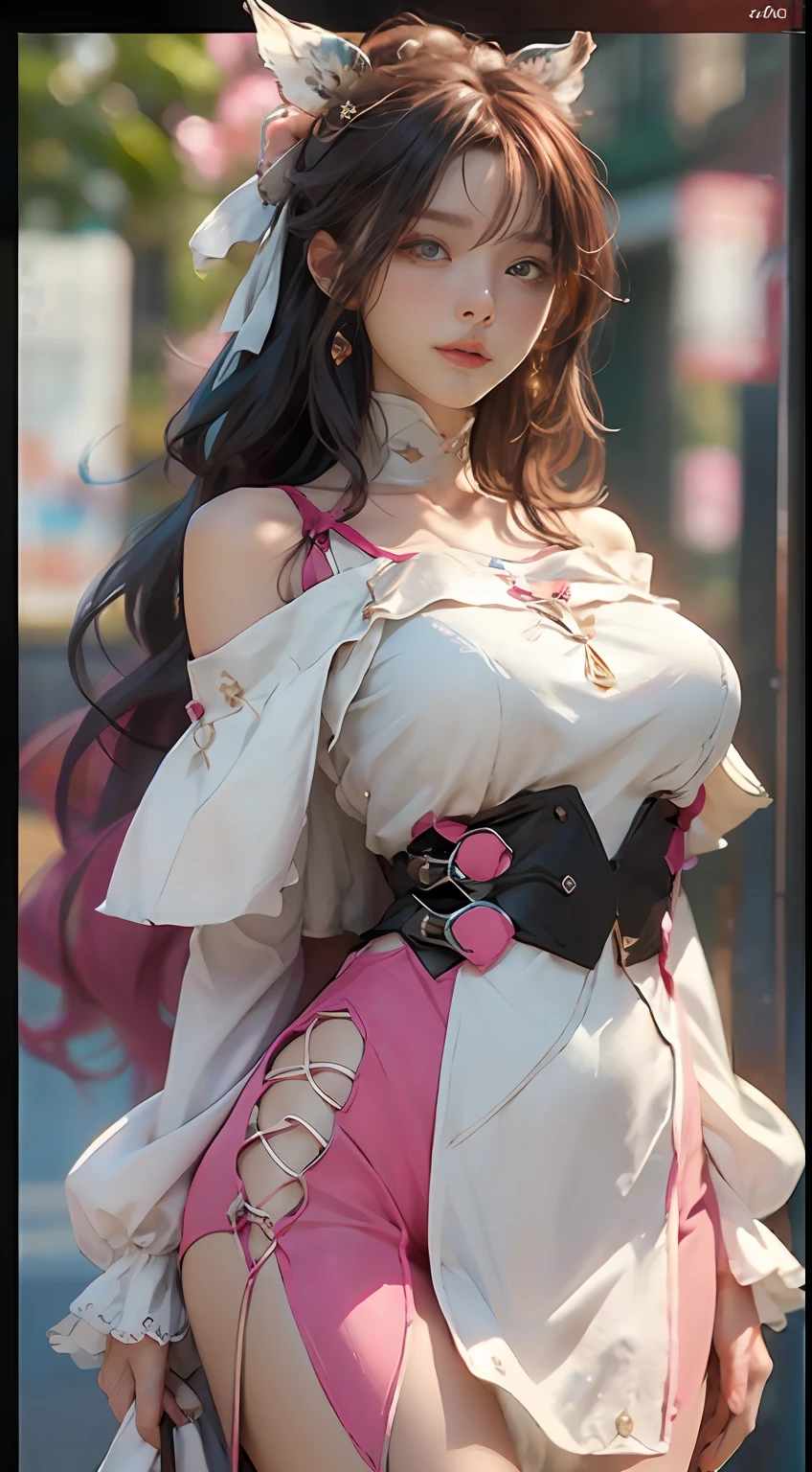 ((best qualtiy)), ((tmasterpiece)), (detail:1.4), 3D, Beautiful cyberpunk female images,hdr(HighDynamicRange),Ray traching,NVIDIA RTX,Hyper-Resolution,illusory 5,sub surface scattering,PBR textures,post-proces,Anisotropy Filtering,depth of fields,maximum definition and sharpness,Many-Layer Textures,Albedo e mapas Speculares,Surface coloring,Mitsu-Accurate simulation of material interactions,perfectly proportioned,rendering by octane,Two-colored light,largeaperture,Low ISO,White balance,Rule three points、8K raw data、Beautiful bright blue pupils,off-the-shoulder clothes,Fine pupils,Delicate face and eyes,long eyelasher,Blushlush,Delicate and fluffy hair,pink lip,Pure,Cute big breasts,Sweet girl,Artistic sense,Casual wear,Advancedsense,butterflys,Cherry blossom petal,Beautiful hair accessories,Long hair and waist,Hair fluttering in the wind