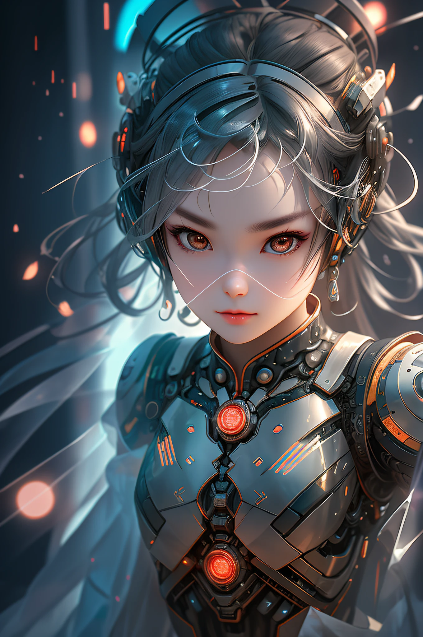 A yang girl, Robot 3D style face, Fair skin, Exquisite facial features.Hanfu and mecha, Cyberpunk, projection holographic display, holographic halo, Ragado's ring, Surrounded by holographic ribbons throughout the waist, fluorescence, shock, Explosion, Effect perspective view, Chinese martial arts movements, Kungfu, Tai Chi 3D art, oc rendered, Hyper-realistic, Rich background, Realistic details, Detailed depiction of the, minute details, futurism, 3D rendering of, illusory engine, hyper HD, 8K