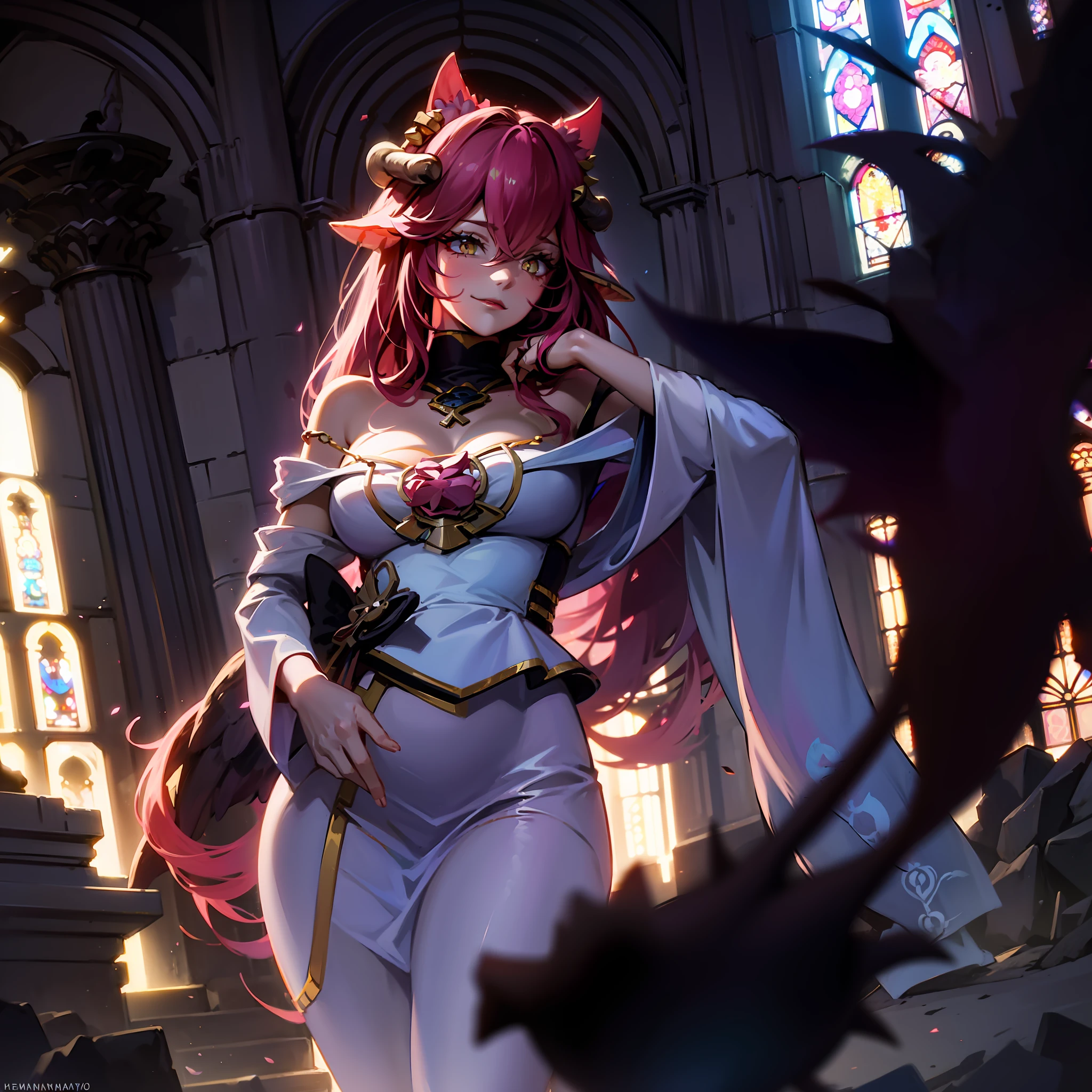 A female demon with cat ears, Elf ears and black demon horn, ((orelhas de elfo)), ((demon horn)), (orelhas de gato)), cabelo cor-de-rosa extremamente longo, ((Cabelo cor-de-rosa)), White eyes of the demon, ((olhos brancos)), vestido de gala preto longo volumoso e lindo, Gothic cathedral abandoned and destroyed with corvus and spiders