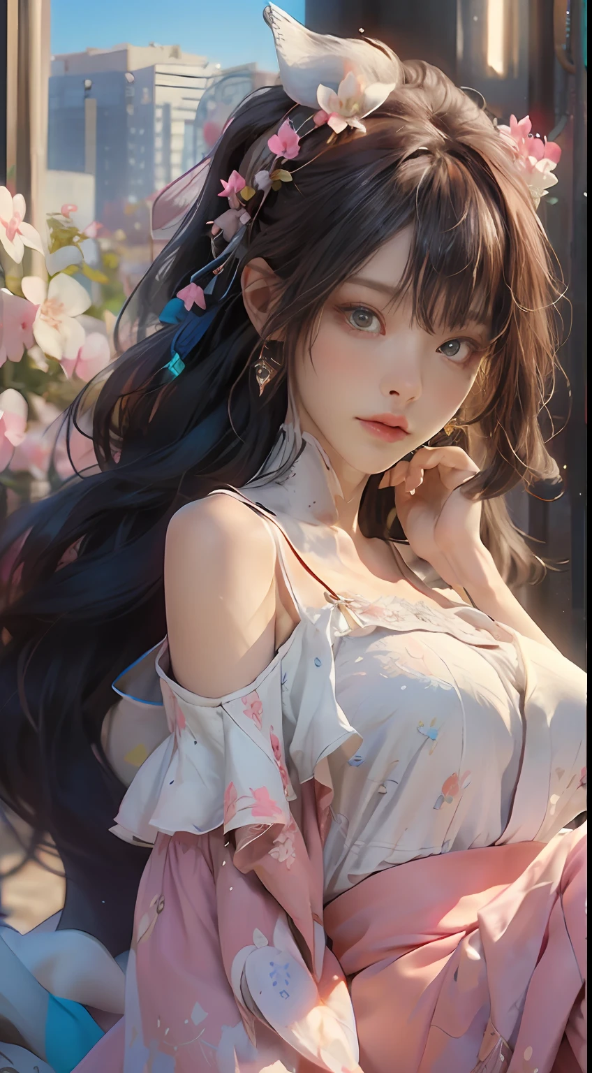 ((best qualtiy)), ((tmasterpiece)), (detail:1.4), 3D, Beautiful cyberpunk female images,hdr(HighDynamicRange),Ray traching,NVIDIA RTX,Hyper-Resolution,illusory 5,sub surface scattering,PBR textures,post-proces,Anisotropy Filtering,depth of fields,maximum definition and sharpness,Many-Layer Textures,Albedo e mapas Speculares,Surface coloring,Mitsu-Accurate simulation of material interactions,perfectly proportioned,rendering by octane,Two-colored light,largeaperture,Low ISO,White balance,Rule three points、8K raw data、Beautiful bright blue pupils,off-the-shoulder clothes,Fine pupils,Delicate face and eyes,long eyelasher,Blushlush,Delicate and fluffy hair,pink lip,Pure,Cute big breasts,Sweet girl,Artistic sense,Casual wear,Advancedsense,butterflys,Cherry blossom petal,Beautiful hair accessories,Long hair and waist,Hair fluttering in the wind