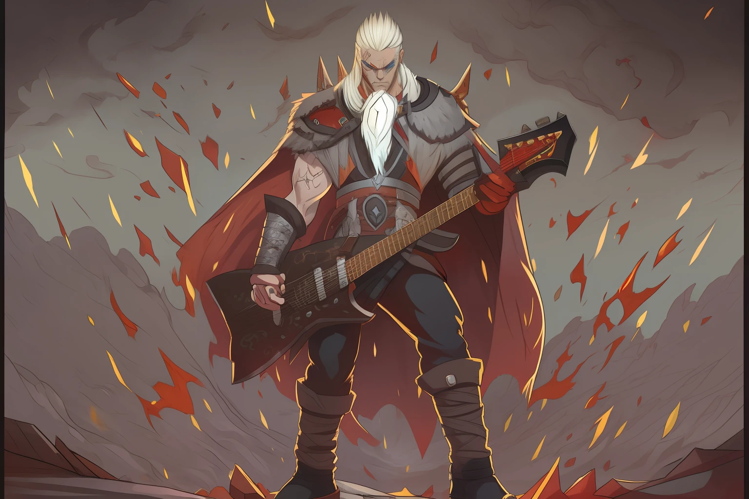Vampire Viking man, berserk, viking clothing, red eyes, White hair, dynamic pose,  (with electric guitar, rock guitar in the form of an axe), thunder, red lightning, storm, rain, microparticles, body in runes, dark fantasy, death metal, vampire aura, scandinavian runes, blood splashes,Cel-shaded, detailed, Arcane Animated Series Style, borderlands game style
