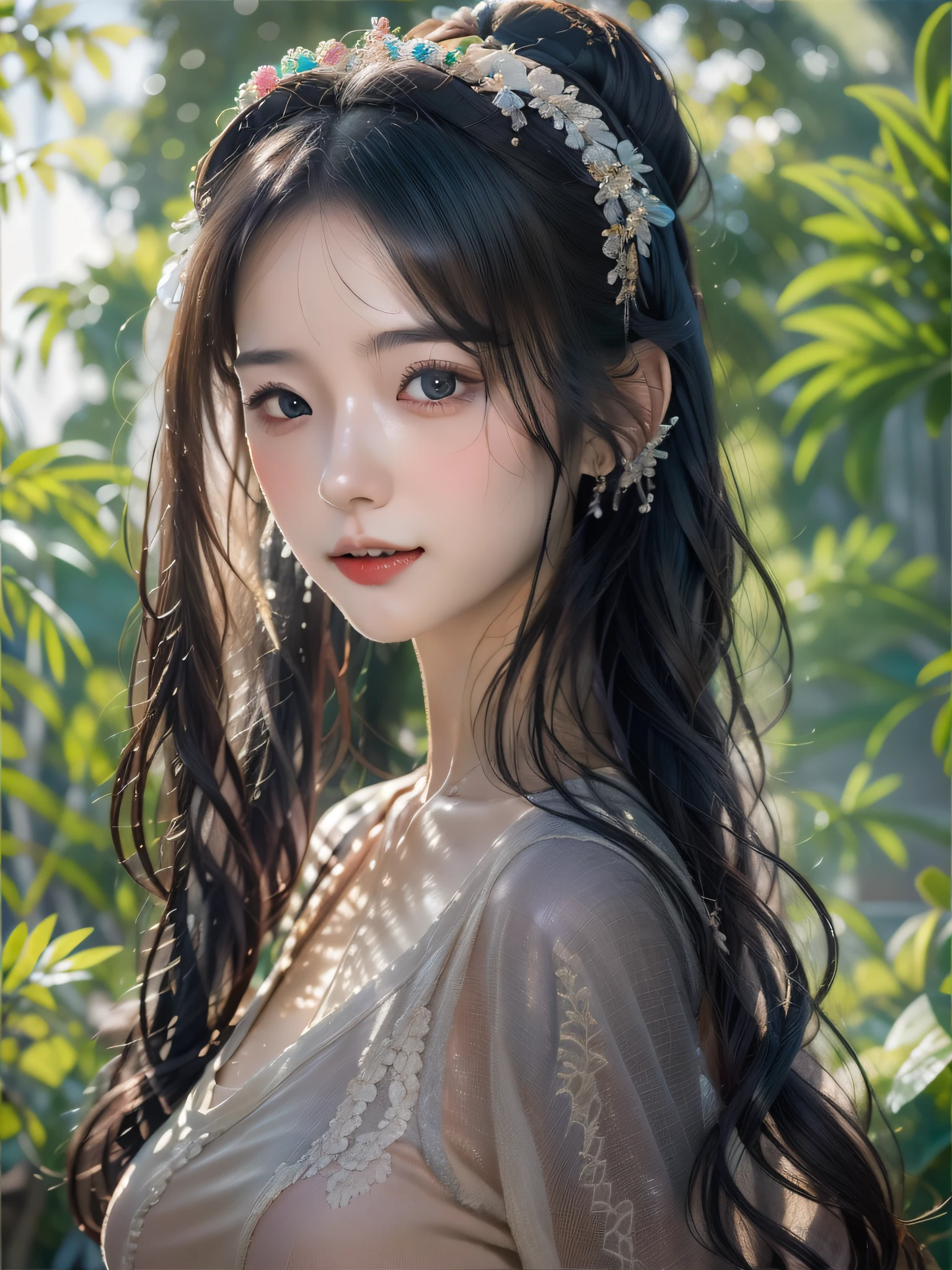 more_details:1,Glossy glossy skin,Akira_Todo_World_End,black_hair,eBlue eyes,pony tails,By bangs,long whitr hair,1girll,NSFW,best qualtiy,tmasterpiece,1girll,独奏,young ,nabel,,areola of breast,big cleavage breasts,White skin of the,slim,slim,Todo_Akira_World_End,black_hair,eBlue eyes,pony tails,By bangs,long whitr hair,looking at viewert,seduct smile, parted lip, Be red in the face, arms behind head, Arms up, Half submerged in the bathtub, Half submerged in water, Rochas, a plant, ln the forest, steamy, In the daytime, rays of sunshine, The light from the back window is backlighted, lightand shade contrast
