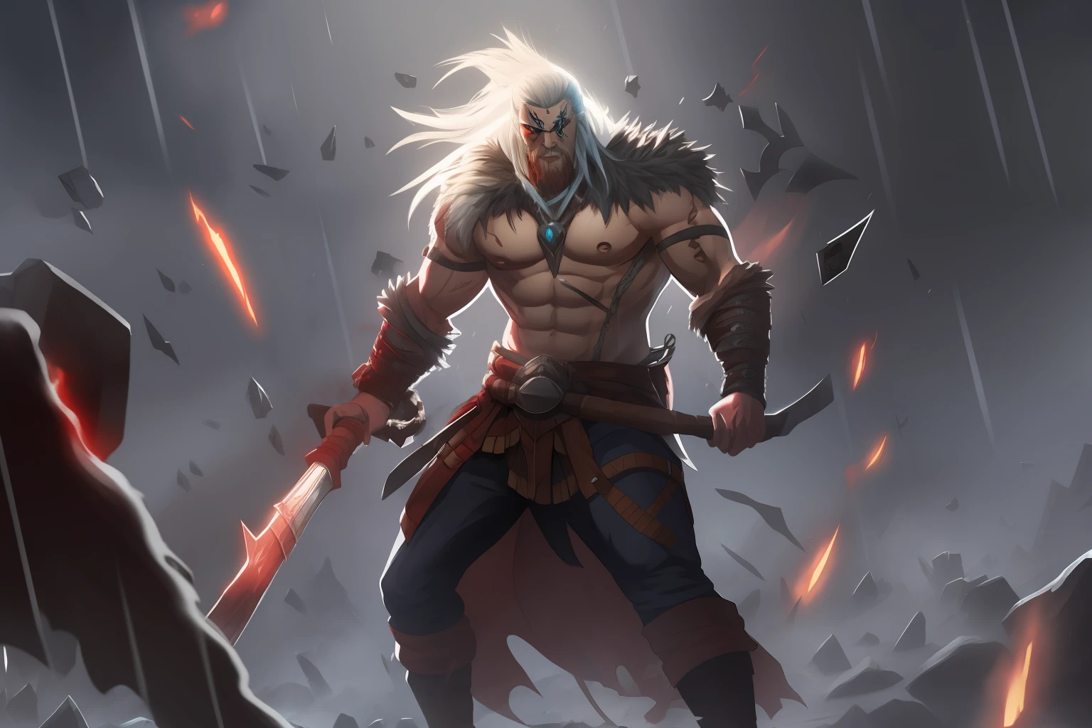 Vampire Viking man, berserk, viking clothing, red eyes, White hair, dynamic pose, (with electric guitar, rock guitar in the form of an axe), thunder, red lightning, storm, rain, microparticles, body in runes, dark fantasy, death metal, vampire aura, scandinavian runes, blood splashes,Cel-shaded, detailed, Arcane Animated Series Style, borderlands game style