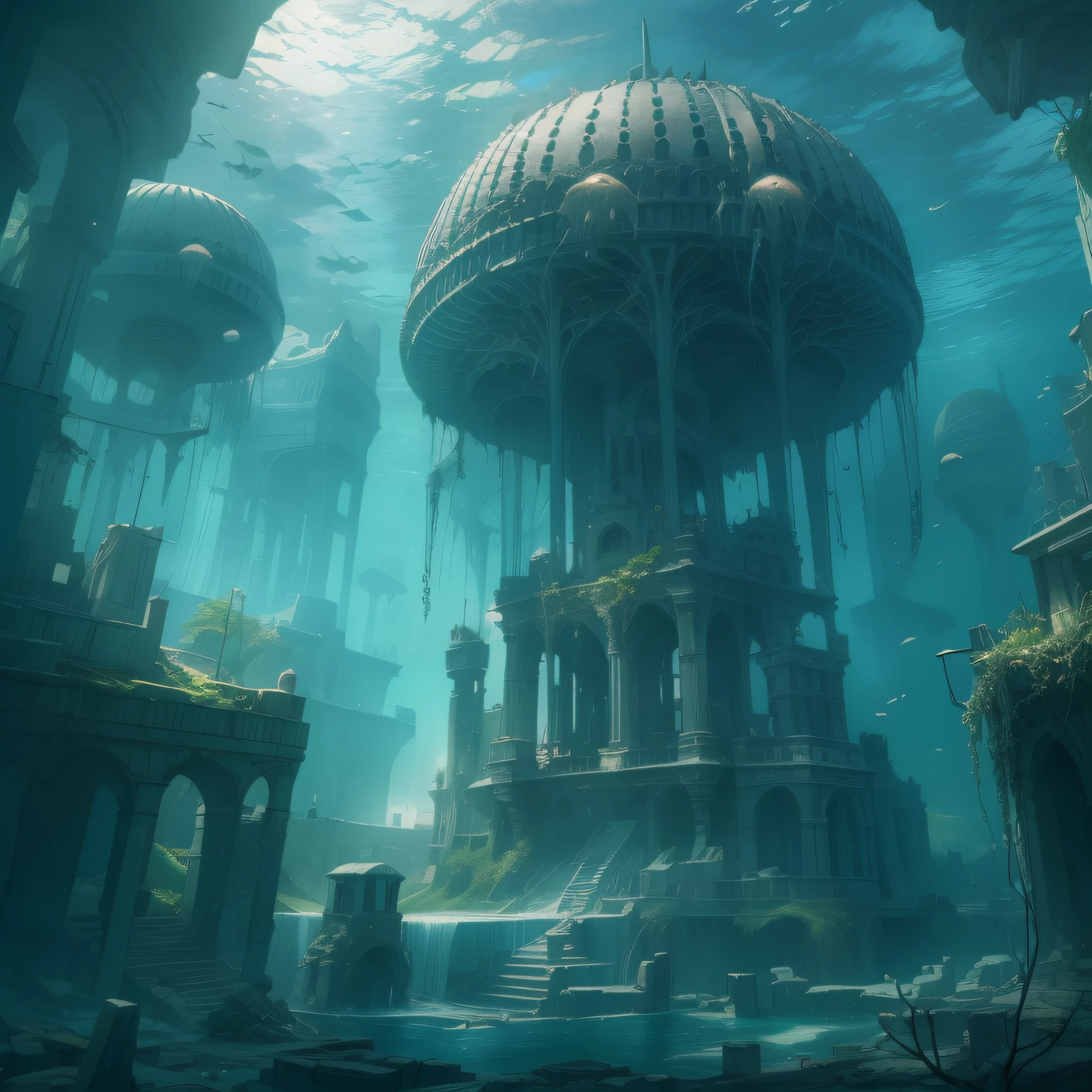 An abandoned underwater city,Remains Cliff,Fallen idols,Giant jellyfish。No Man。