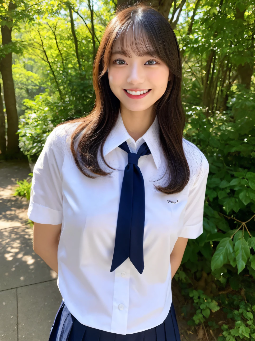 ((top-quality、8K、​masterpiece：1.3))、foco nítido：1.2、Beautiful schoolgirl in perfect style：1.4、Slender Abs：1.2、((cabelos preto e longos、huge tit：1.2))、(natural soft light、the woods:1.1)、Highly detailed facial and skin texture、A detailed eye、二重まぶた、((Uniform 0.5))、tits out、夏天、Natural smile、((Y-shirt 1.5))