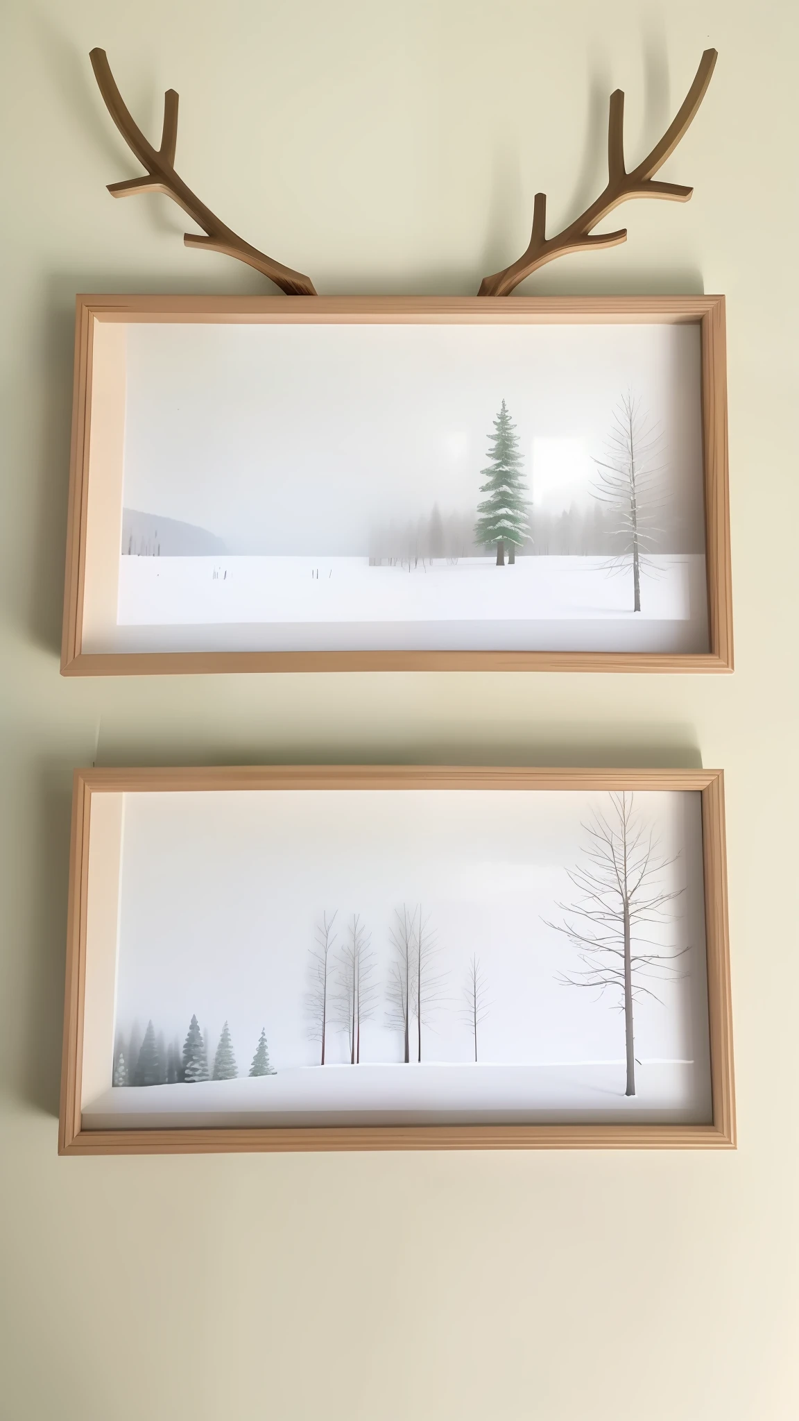 Photo frame photo of two antlers，It has antlers on it,，on the wall，the trees，ln the forest