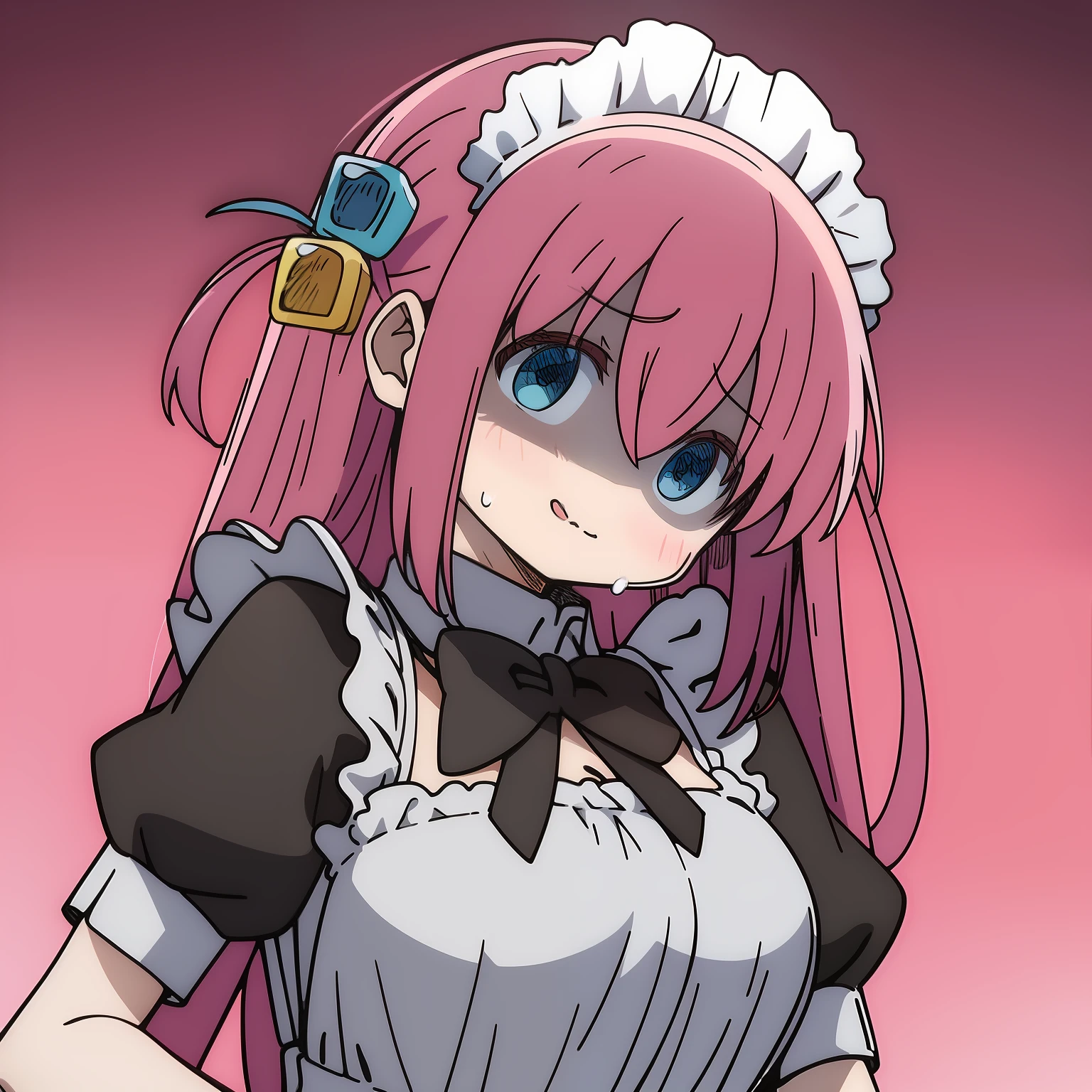 masterpiece, top-quality, Hi-Res, gotou1, Goto Hitotori, 独奏, bangss, hair between eye, shortsleeves, Maids, Maid headdress, middlebreasts,Shaded face, Drops of sweat、class、Classroom、desk work、