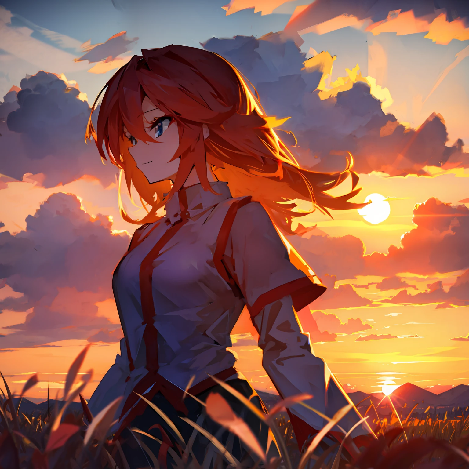 girl standing in field, closeup, portrait, clouds, sunrise