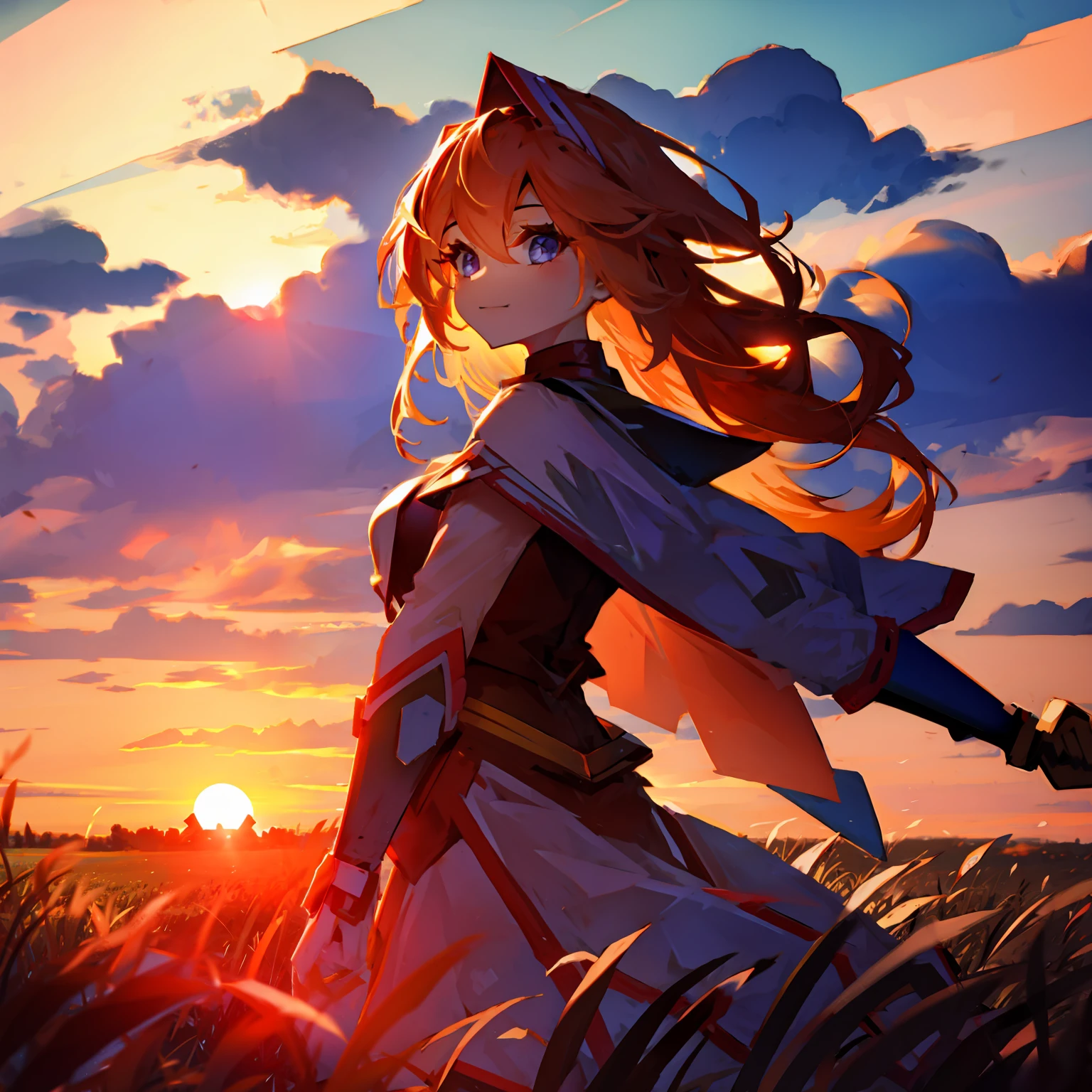 girl standing in field, closeup, portrait, clouds, sunrise