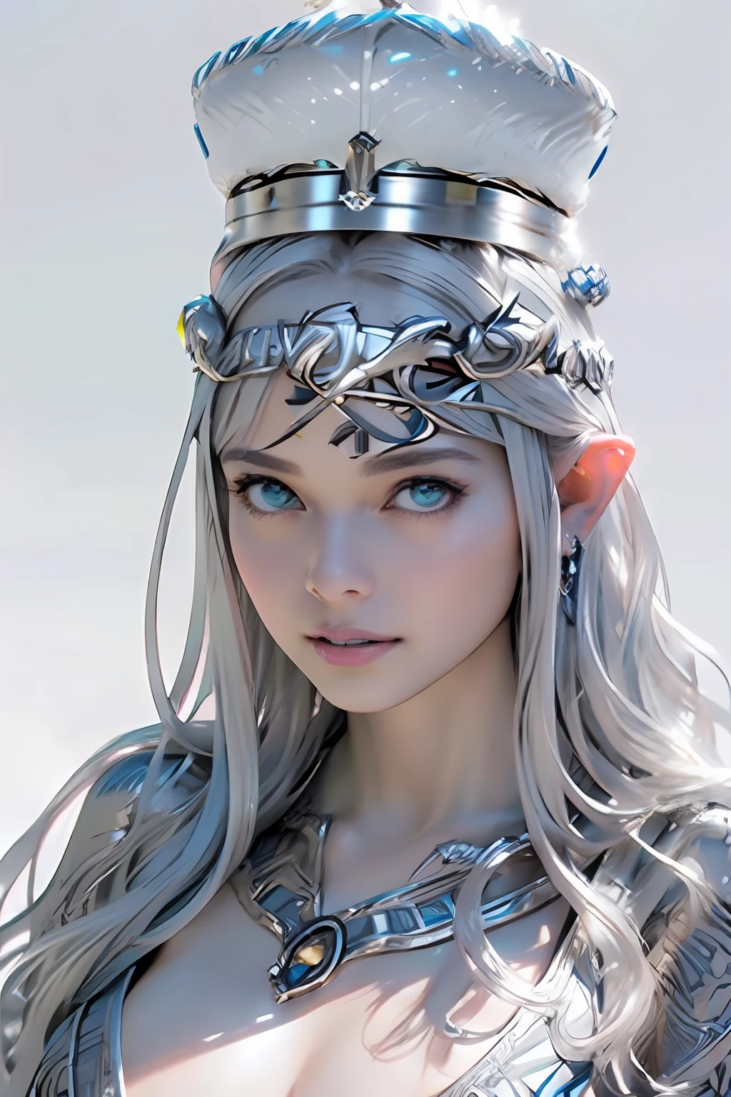 Ultra-detailed complex 3D rendering of the face, (masterpiece, top quality, octane rendering,), glamour shots full body image, very beautiful young elves, cleavage, (highly detailed skin: 1.2), (exposure: 1.1), ((blue micro bikini: 1.95)))). , 8k, (((very soft breasts)), (((conspicuous large pink areola)), beautiful Caucasian woman with white skin with full soft breasts with big buttocks, one, long braided hair, big breasts, dynamic angles, (((huge breasts: 2.4)), ultra-realistic photos, ((((((silver hair)))), futuristic urban background, facial muscles, (((((detailed and glamorous silver crown)))), In the style of Marvel Comics, ArtStation Trends, Clear Focus, Intricate Details, Very Detailed, Detailed Green Eyes, Sharp Focus, Digital Rendering, Professional, Abs, Lip Gloss, Glossy Skin, Sexy Pose, Golden Tattoo All Over Body, Silver Pattern All Over Body, Silver Lame Skin, Gold Glitter Skin, Mansuji, Buttocks, Jeweled All Over the Body, with silver scales, silver hair,