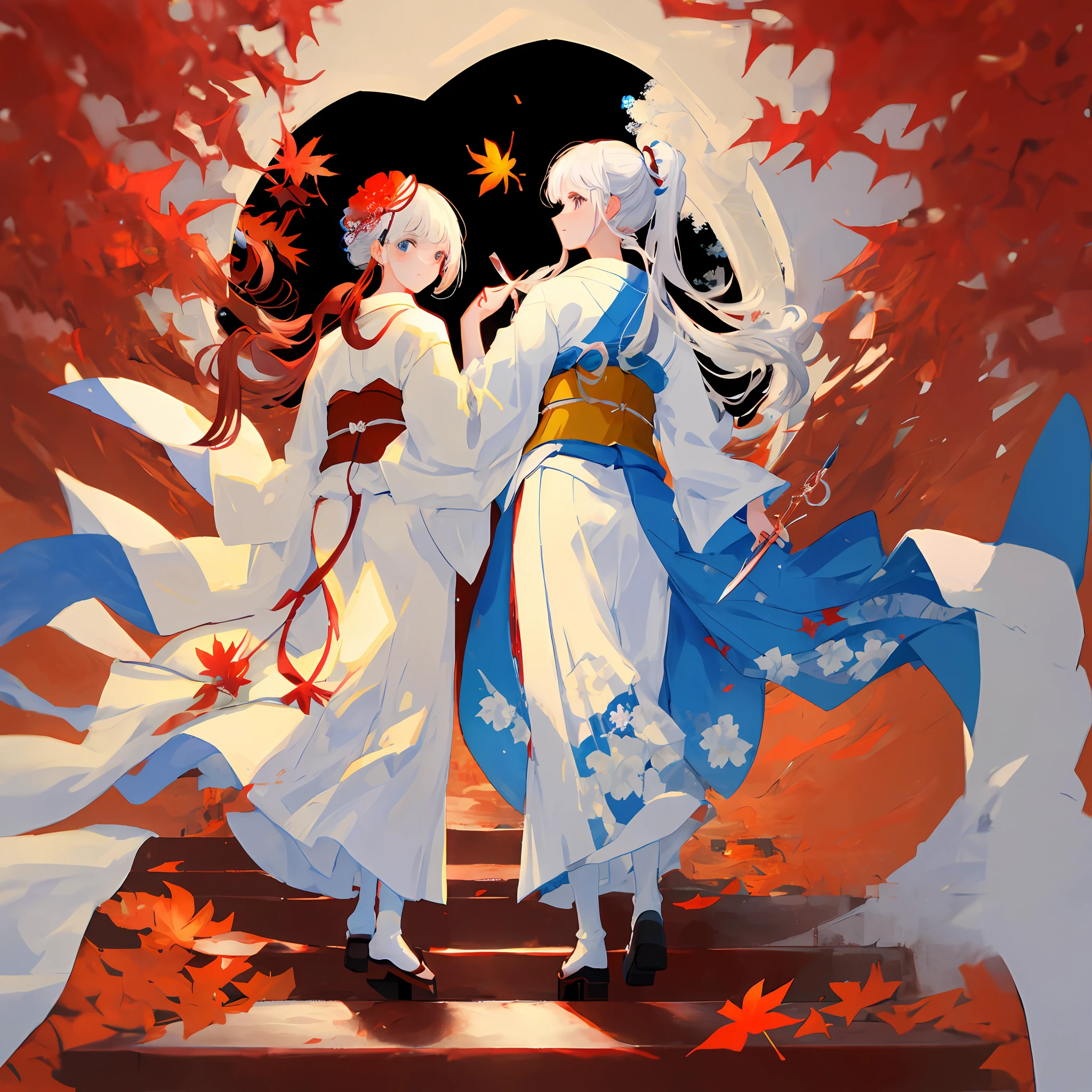 japanes,Wears a white kimono with a red maple leaf pattern,A red knife is pinned to the waist,One hand holding knife handle,Mahogany color high bottom clogs,White two-finger socks,White hair with flower decoration,Slim figure,Good at fighting,Blue has big eyes of God,prette,Fair and delicate skin,In front of the attic,A high resolution