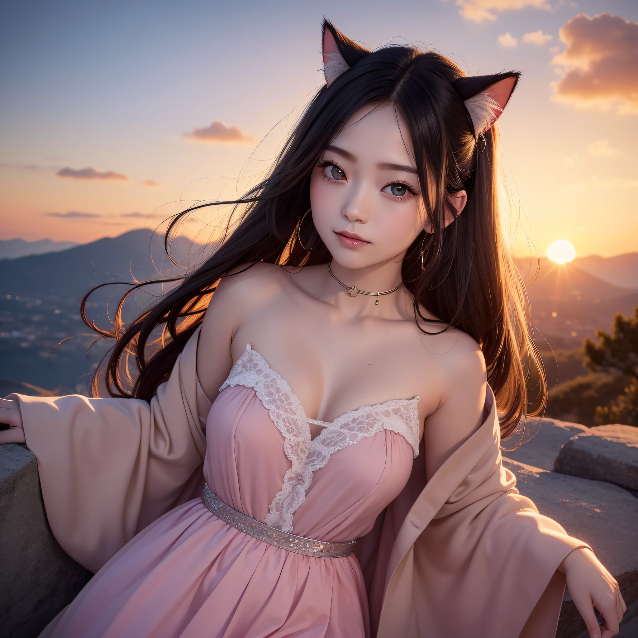 (Best Quality:1.5), (Detailed CG), (High resolution:1.5),Queen of Cat-eared Country、Cat-eared girl、woman face closeup、close up cat、Close-up RAW photos, Detailed textures, ultra-detailliert、Very close to the viewer、facial close-up、A smile、eyes close up、(lipgloss、Eye lashes、Shiny face、shinny skin、best qualtiy、超A high resolution、depth of fields、chromatic abberation、Caustics、Wide range of lighting、Natural Shading)、Beautiful sunset、Watching the sun set over the horizon is a spectacular sight。Below、Learn more about beautiful sunsets。Sunset、When the sun sets on the western horizon、It is a phenomenon in which the sky is dyed in beautiful colors.。When it comes to the evening hours、Atmospheric particulates and water vapor ter sunlight、Differences in the color of light in the sky。As a result、Beautiful shades of sunset are created。At first、When sunset begins、The sky turns pale orange or pink.。As sunset approaches the horizon、The color is Xu々thickens to、Bright red or purple、Gold and more are added。These colors create a beautiful gradient in the sky.、Magnificent picturesque views。The beauty of the sunset is、It is especially noticeable on cloudy days or when the shape of the clouds is complex。Clouds reflecting the light of the setting sun、By giving even more beautiful shades、The sunset will be a more fascinating sight。pure、The sunset is in harmony with the surrounding landscape and nature、pure、Allows you to create beautiful silhouettes。The tree々Yayama々Emerges as a black silhouette、Contrast with the beautiful colors of the sunset、It will be an even more exciting sight.。
Sunset、a person々Enrich the mind、It's a special time to be moved。Although its beauty passen an instant,、The beauty of the moment is、Leave a deep impression on your audience.、Peace of mind、It fills you with happy feelings.。