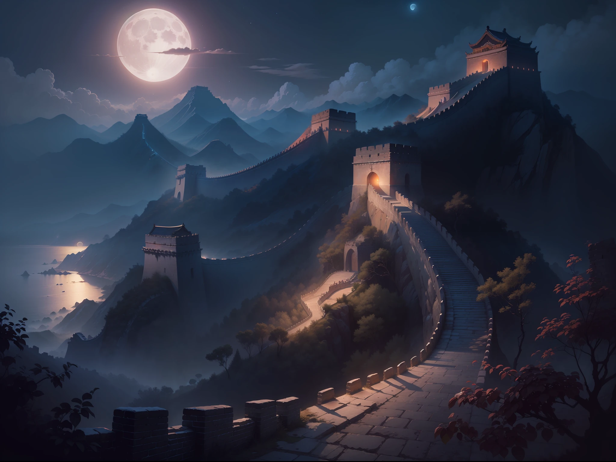 a beautiful painting of Great Wall of China, soft moonlight in the night sky, in Magnificent john howe landscape, backlight, fantasy, high-definition, greg rutkowski, artstation, unreal engine, light effect, wlop fairy tale