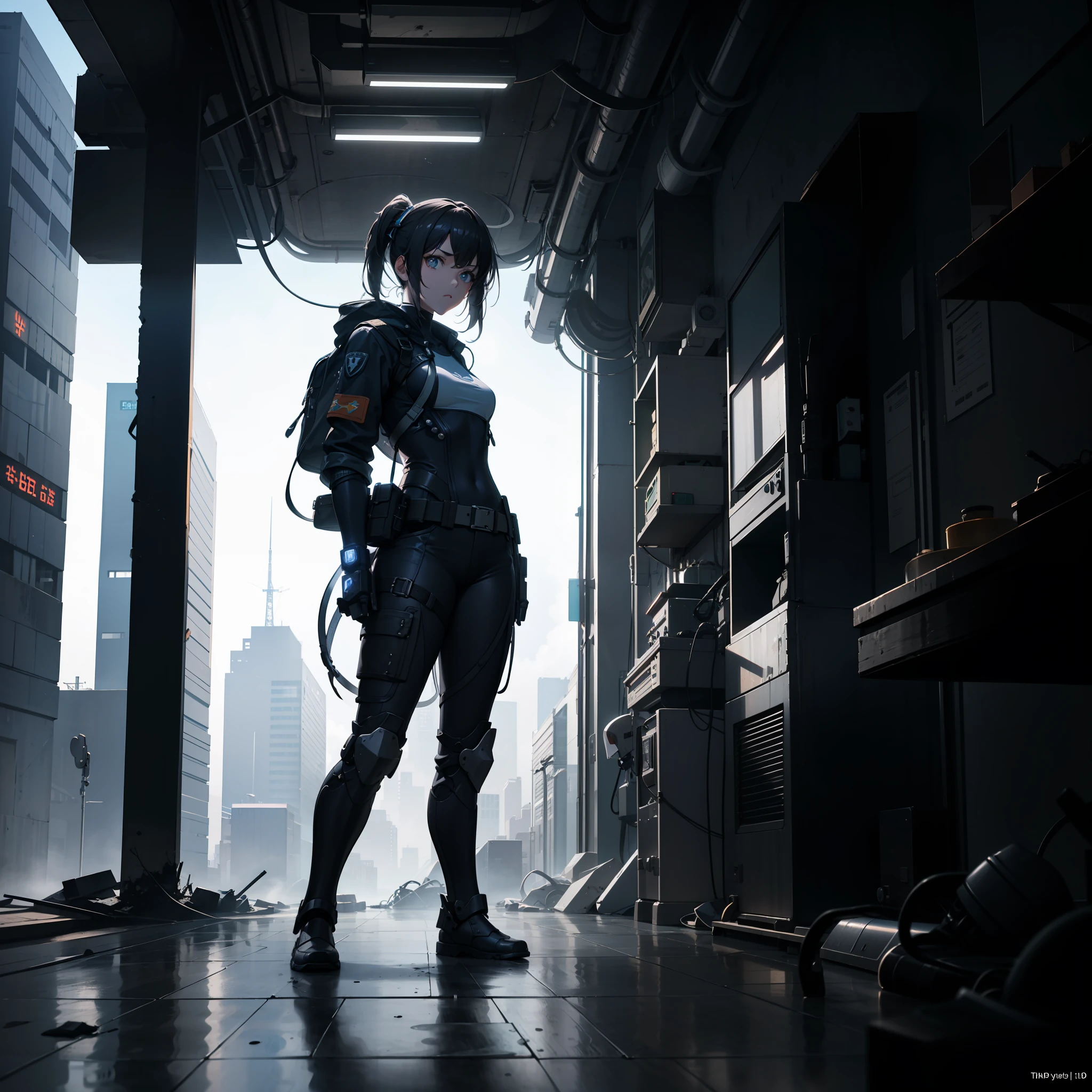 ((best qualtiy)), ((tmasterpiece)), ((Realistis)), (A detailed), (realisticlying:1.5), A futuristic girl, (Thick stature), (white straitjacket), Lights on armor, Cybernetic headdress, looking at viewert, dynamicposes, postapocalyptic, Destroyed city background, Buildings on fire, scientific fiction, HDR, Ray traching, NVIDIA RTX, Hyper-Resolution, Unreal 5, sub surface scattering, PBR textures, Post-processing, Anisotropic filtering, depth of fields, Maximum clarity and sharpness, trichotomy,8K original,(Luminous Particle:1.4),(VerydetailedCG,Unity 8k壁纸,3D,cinmatic lighting,lens flare glow),Reflectors,Sharp focus,Cyberpunk art of a,cyberpunk building,Quadratic primary