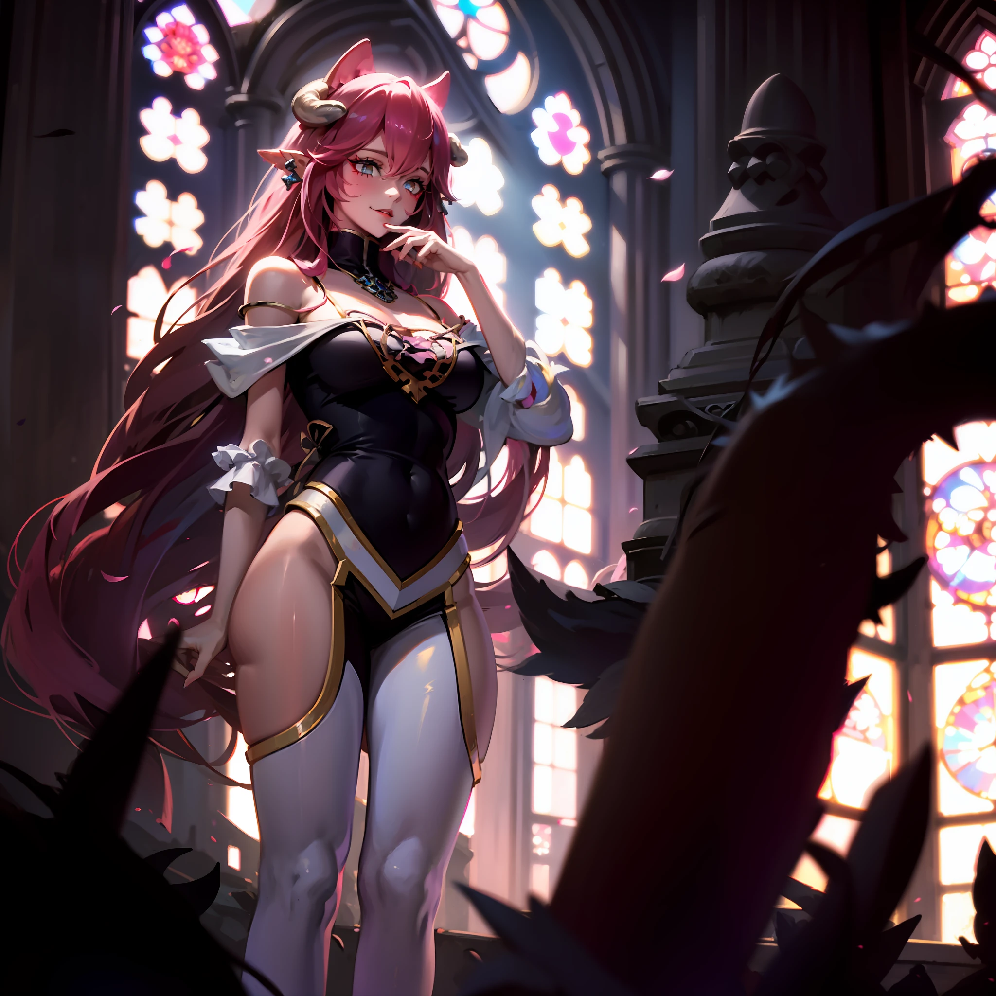 A female demon with cat ears, Elf ears and black demon horn, ((orelhas de elfo)), ((demon horn)), (orelhas de gato)), cabelo cor-de-rosa extremamente longo, ((Cabelo cor-de-rosa)), White eyes of the demon, ((olhos brancos)), vestido de gala preto longo volumoso e lindo, Gothic cathedral abandoned and destroyed with corvus and spiders