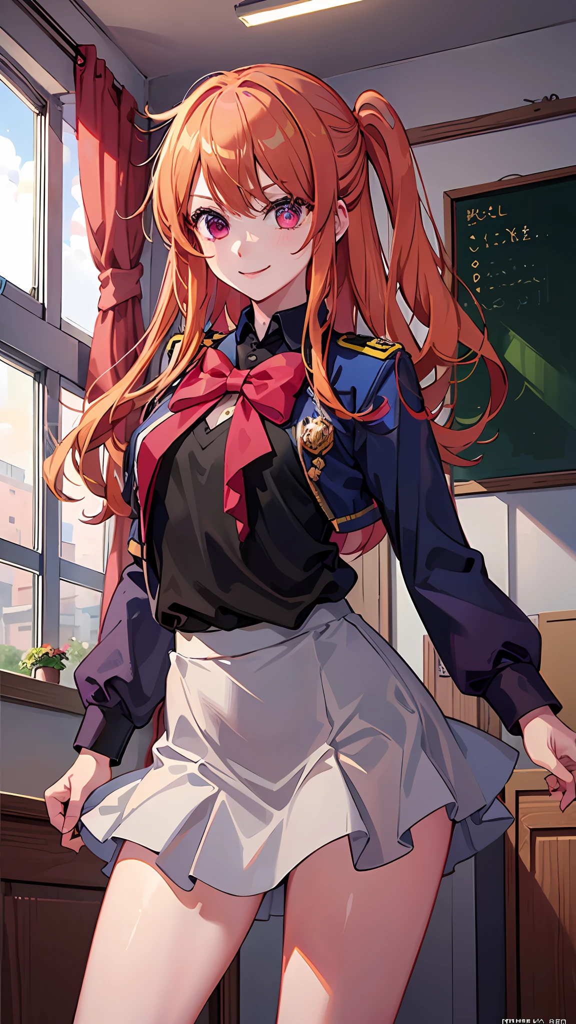 ((((Masterpiece)))), Top Quality, Super Detail, Illustration,One woman with beautiful smile, in uniform, upper body передвигая, standing in the school watch viewer, star-shaped pupils shining with long blonde hair. Beautiful legs peek out from the skirt, making it an ultra-high resolution wallpaper with beautiful scenes like Hoshino Ruby.