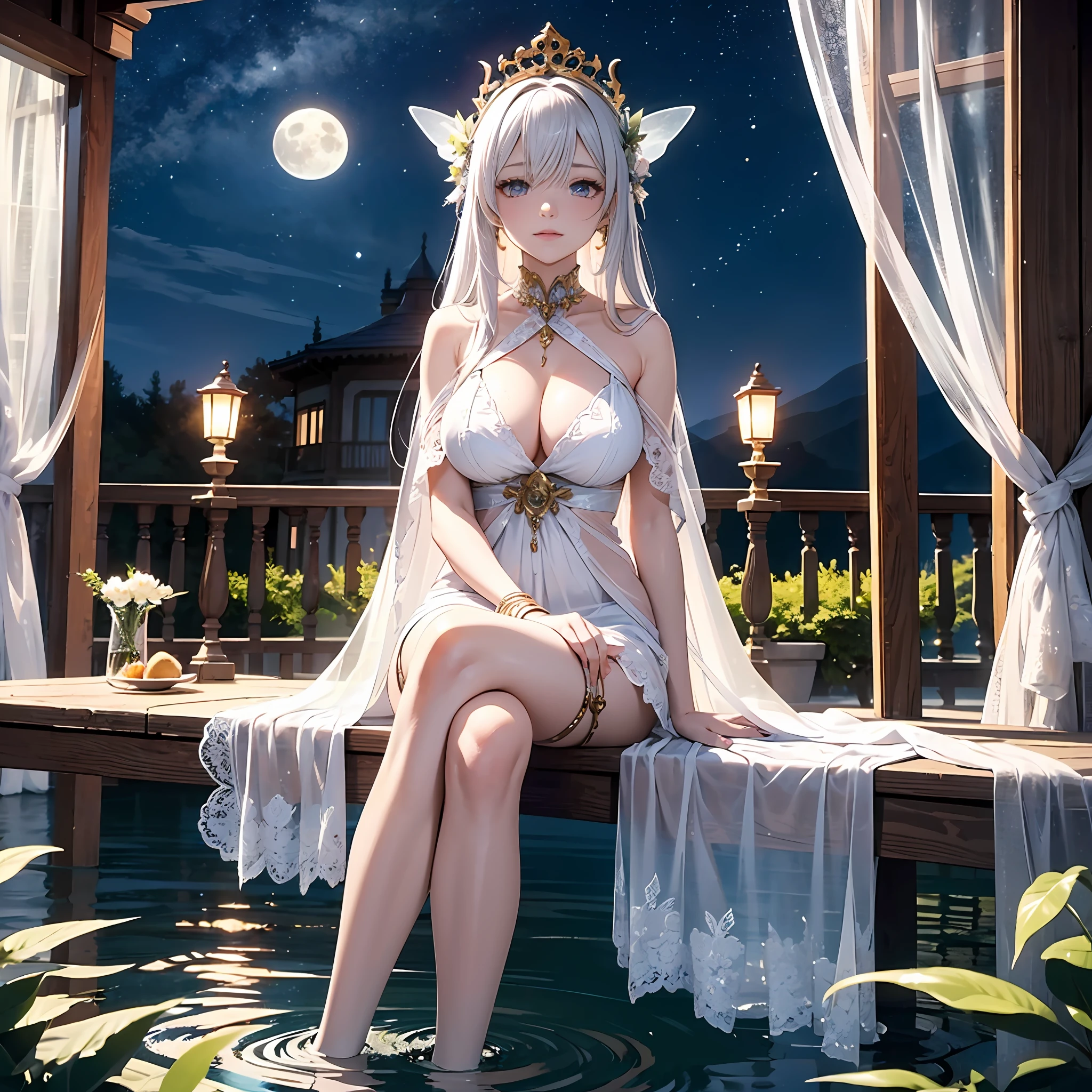 tmasterpiece（highest details，Ray tracing gets the best quality）， 1goddess，Violet_flodt， long whitr hair， whaite hair， Blue eyes， ， white  skirt，  long white robe，mediuml breasts， Separate bangs， jewely， Ribbons， AS-Adult， （Legs crossed：1.2）， crossedlegs， （mediating）， peace， vivd colour ，，natural  lightting ， RTX， hair between eye ， big breasts beautiful， （Detailed face：1.2）， Exhibited， （perfect  eyes：1.1） ，（Photorealsitic：1.1）， 8K  UHD，  In the natural environment，High mountains and flowing water，faeries，goddes，God of the Moon ，long  white hair，Goddess of high cold，Bare body（see-through transparent clothes），The eyes are ethereal，Sitting on the terrace，The face is cold，Water stains on the body，White ornaments，Ribbons，goddes，faeries，whaite hair，Tall and tall（Anterior convex and posterior，），The face is cold，Cooler tones，The moon hangs high，Fairies under the moon，Sit on the gazebo，There is water flowing through，There are collarbones，White skin of the，nigth，see-through transparent clothes，Clear flesh-colored stockings，leaning against pillars，Fairy in the moonlight，white colors，light colors hair，long whitr hair，Long legs，There are leg loops，One guy，white skin color