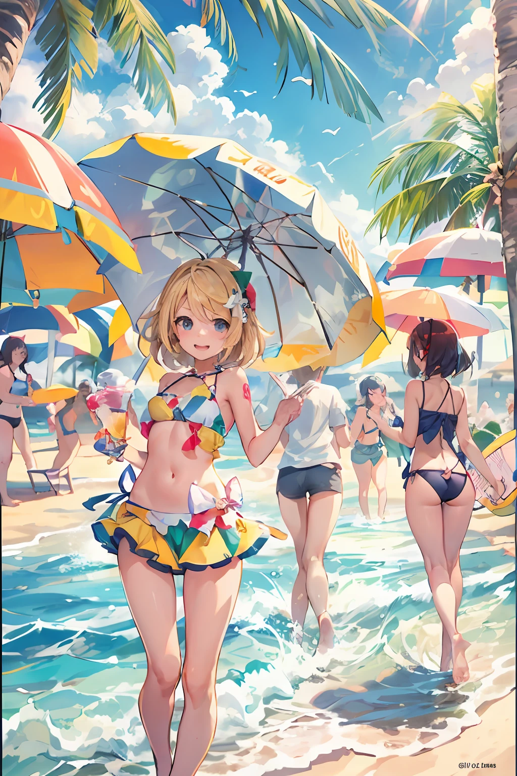 Kagamine Rin in its summer version, enjoying a sunny day at the beach. She is dressed in a beautiful and colorful swimsuit, Adorned with designs inspired by tropical fruits. Su cabello largo y azul ondula suavemente con la brisa marina, as she smiles radiantly under the warm sun. En una mano, Hold a delicious piña colada with a small umbrella, y en la otra, una tabla de surf que espera ansiosamente para adentrarse en las olas. A lo lejos, You can see palm trees and a breathtaking view of the blue and crystal clear ocean. The sky is adorned with white clouds and a bright sun that illuminates its entire surroundings.. The image captures the joy and fun that Rin experiences in this unforgettable summer moment on the beach..