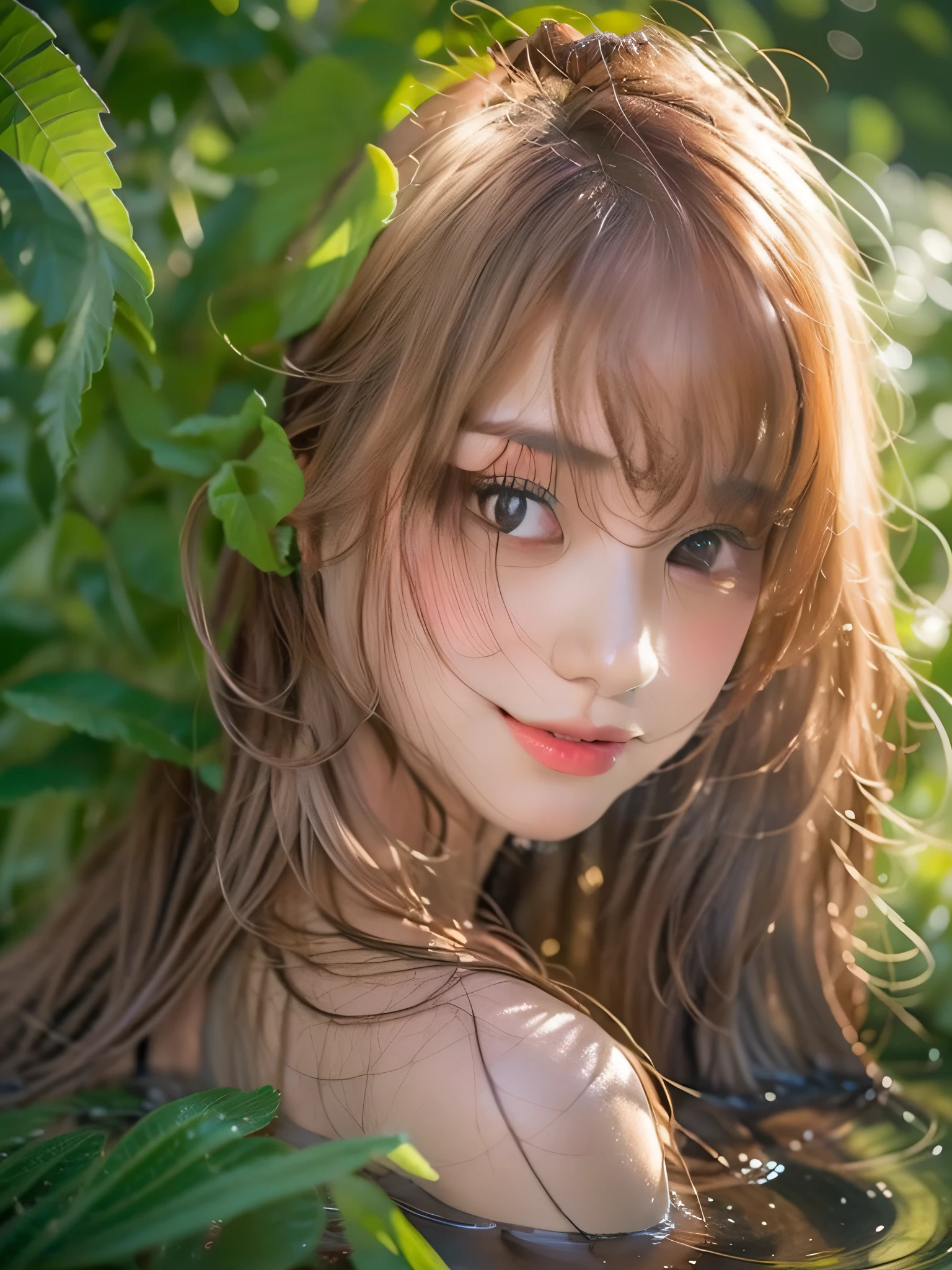 More details1，Glossy glossy skin，Naked NSFW，best qualtiy，tmasterpiece，独奏，young ************，nabel，areola of breast，big cleavage breasts，White skin of the，Slim，By bangs，long whitr hair，looking at viewert，seduct smile， parted lip， Be red in the face， arms behind  head， Arms up， Half submerged in the tub， Semi-immersed in water， Rochas， A plant， ln the forest， steamy