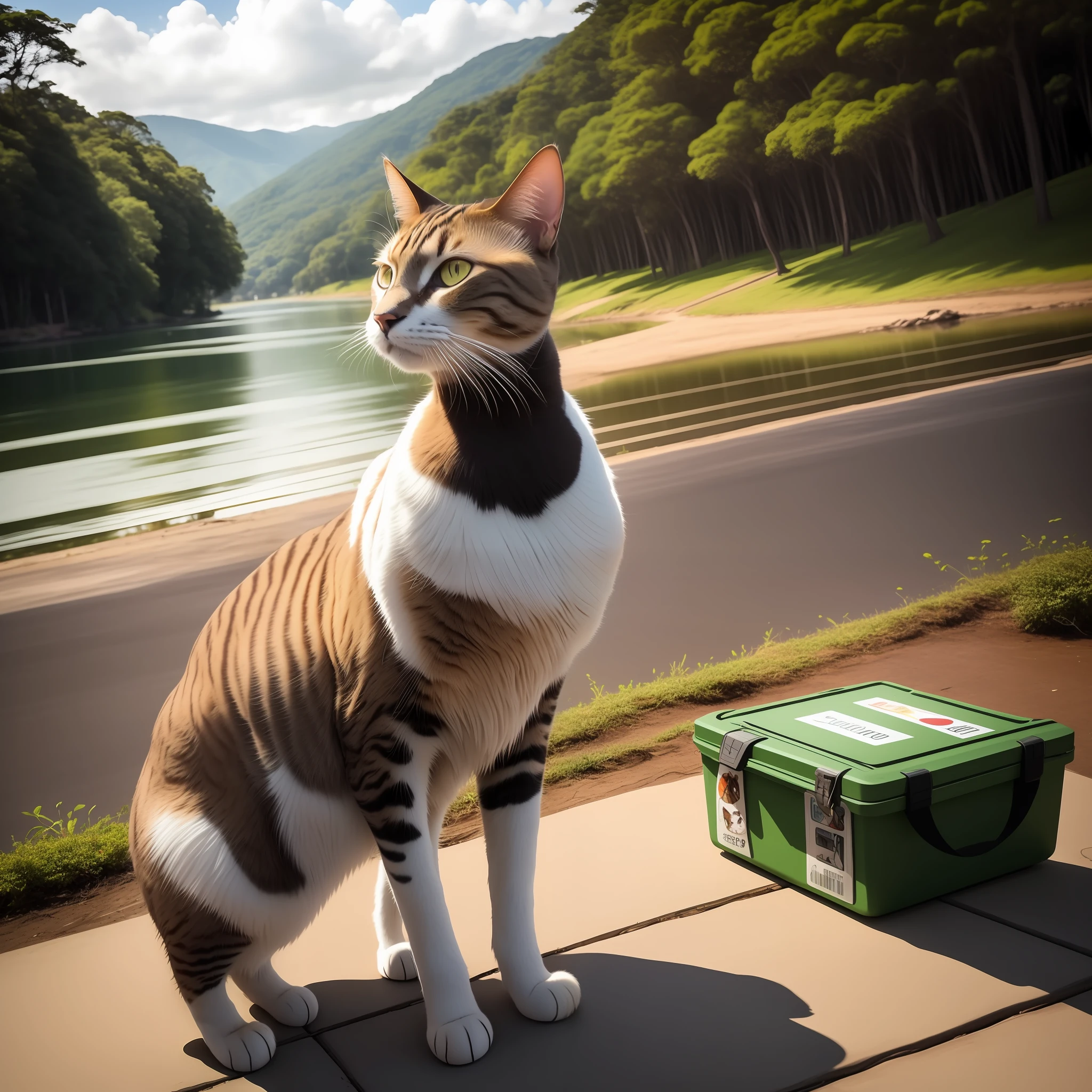There's a cat sitting on the sidewalk next to a lake, awesome cat, guardian of the holy lake, foto altamente realista, gato blindado, Foto tirada com Nikon D750, Foto tirada com Nikon D 7 5 0, Gato grande, manchado ultra realista, Gato na floresta, gato bonito, monstro gato gigante, retrato completo, um bonito