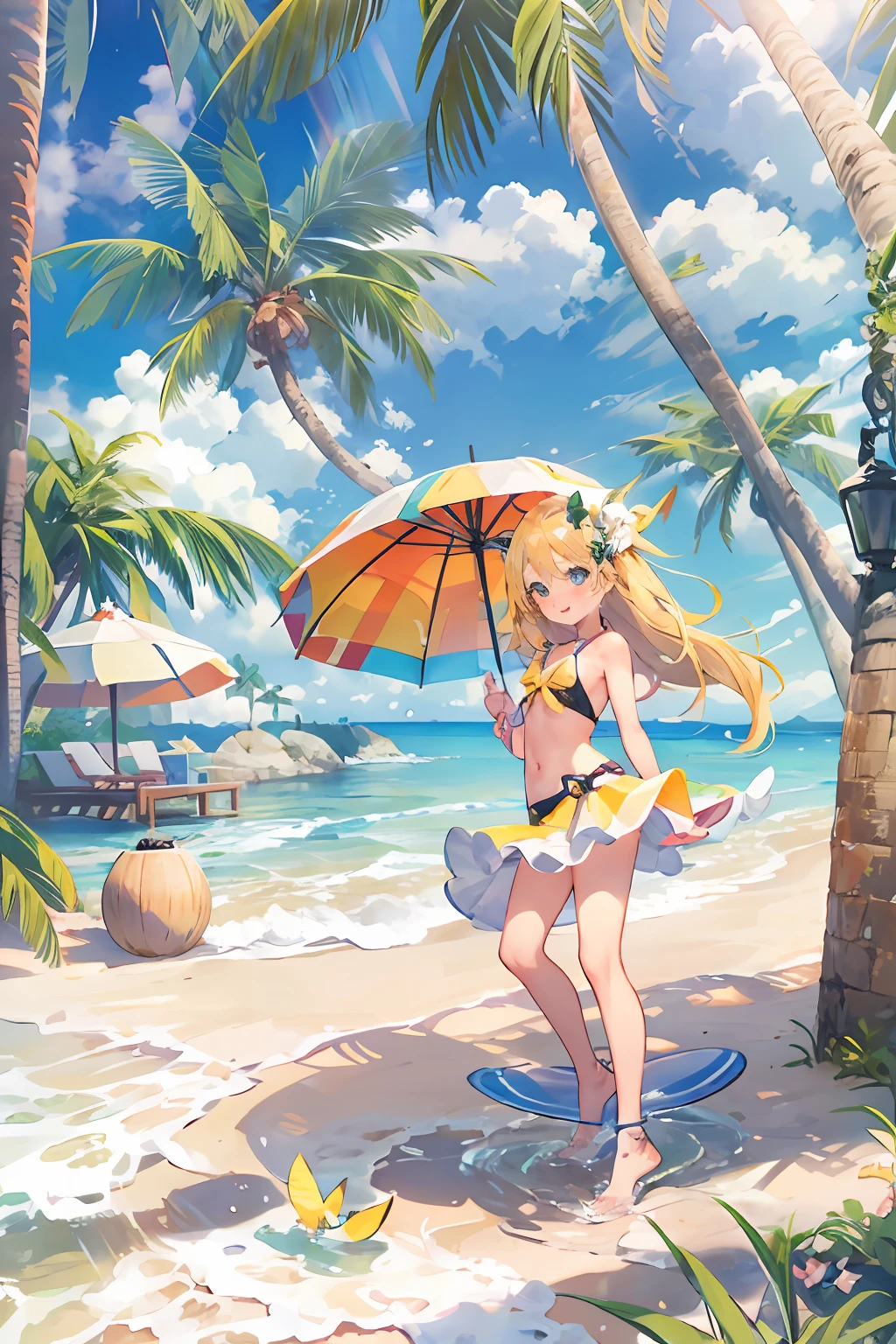 Kagamine Rin in its summer version, enjoying a sunny day at the beach. She is dressed in a beautiful and colorful swimsuit, Adorned with designs inspired by tropical fruits. Su cabello largo y azul ondula suavemente con la brisa marina, as she smiles radiantly under the warm sun. En una mano, Hold a delicious piña colada with a small umbrella, y en la otra, una tabla de surf que espera ansiosamente para adentrarse en las olas. A lo lejos, You can see palm trees and a breathtaking view of the blue and crystal clear ocean. The sky is adorned with white clouds and a bright sun that illuminates its entire surroundings.. The image captures the joy and fun that Rin experiences in this unforgettable summer moment on the beach..