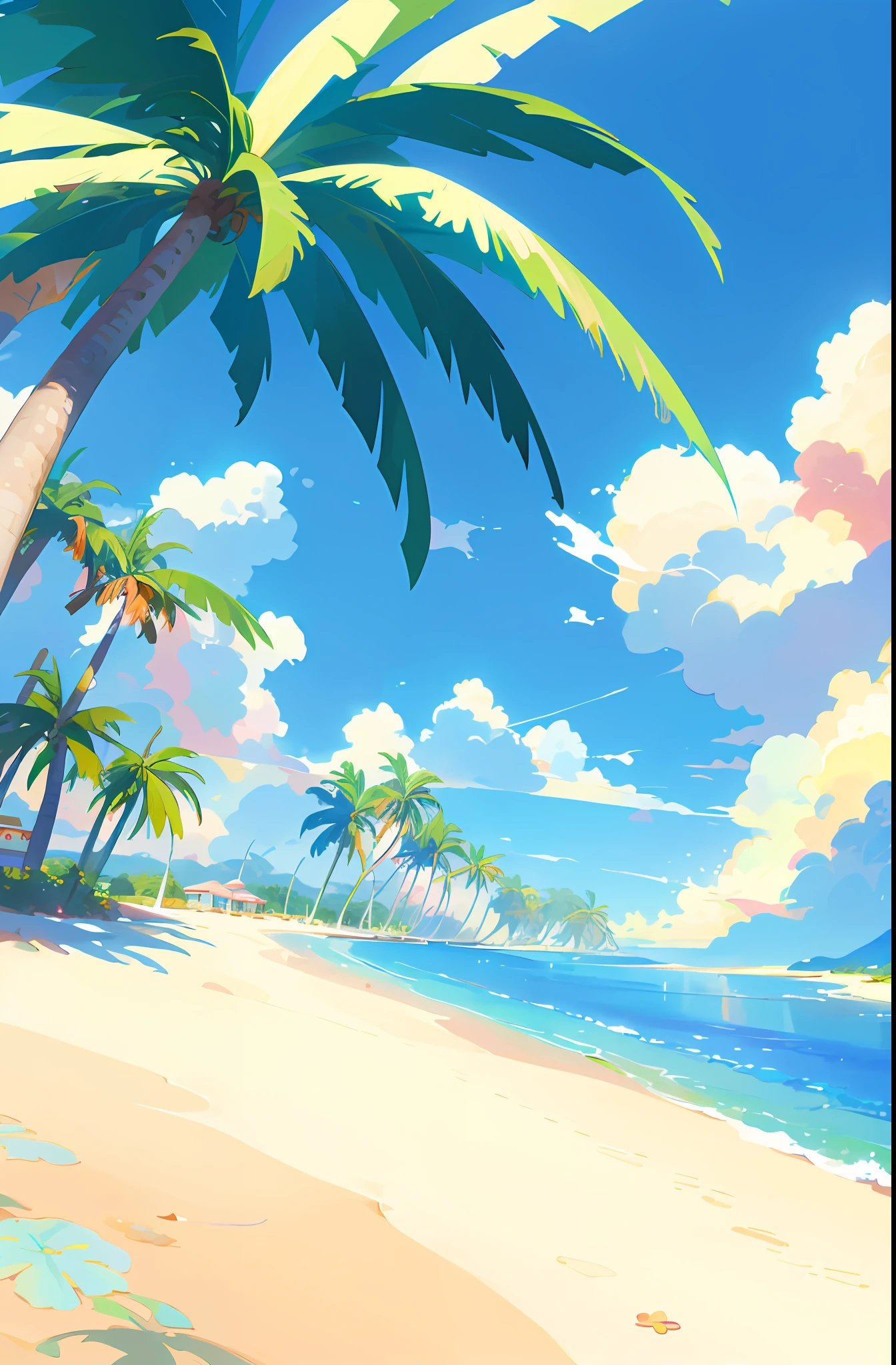 There are cartoon photos of beaches with palm trees, Anime Background Art, detailed scenery —width 672, Anime landscapes, anime scenery concept art, Anime scenery, made with anime painter studio, Anime Background, painted in anime painter studio, island background, anime landscape wallpapers, Beautiful anime scenery, 4K HD Illustration Wallpapers, sunny day at beach