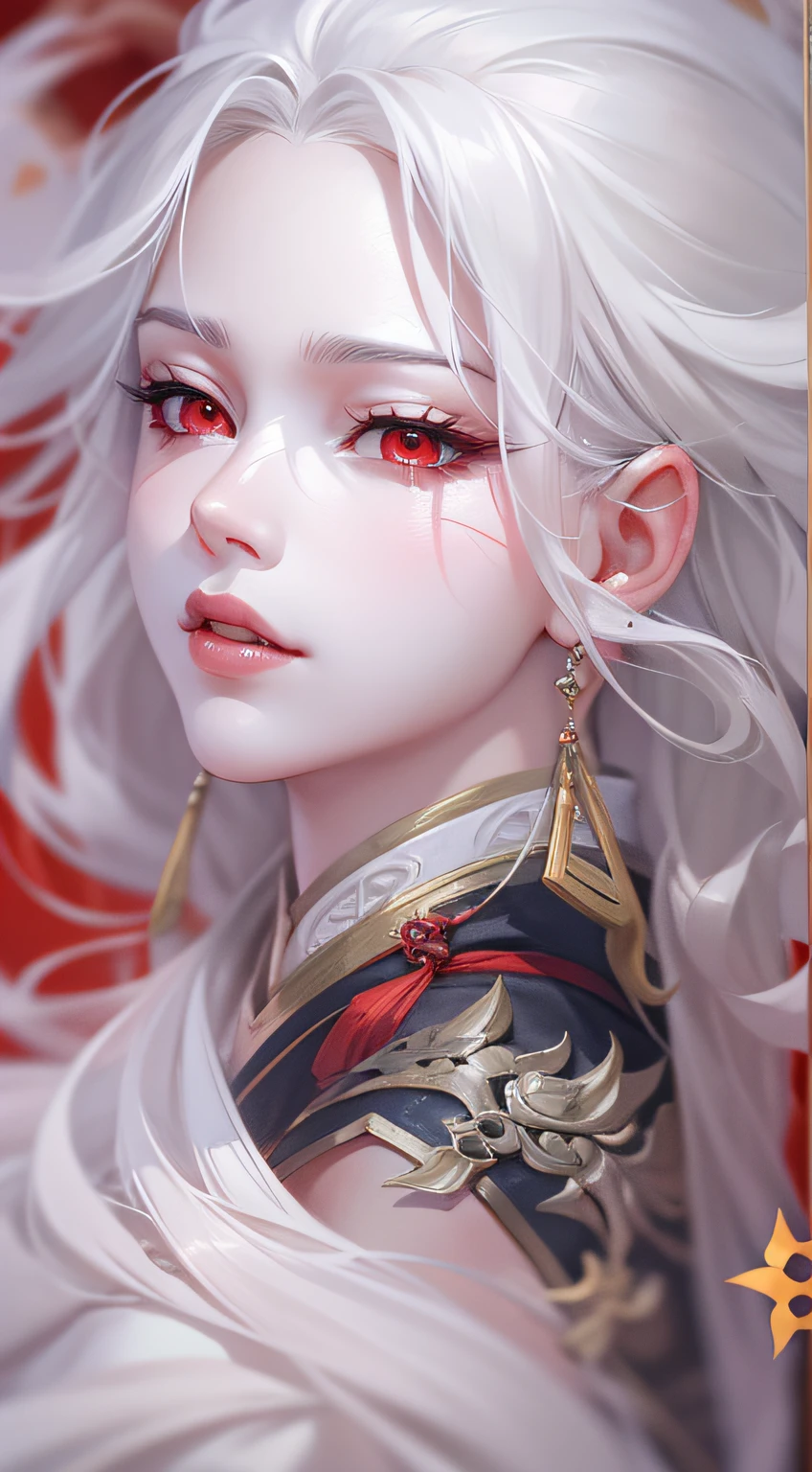 close-up of a woman with white hair and white mask,Belle peinture de personnage,Guviz,Guviz-style artwork,White-haired god,Yang J,Epic and beautiful character art,Stunning character art,FAN Qi,Wu Zhun Shifan,Blindfolded,Red eyes
