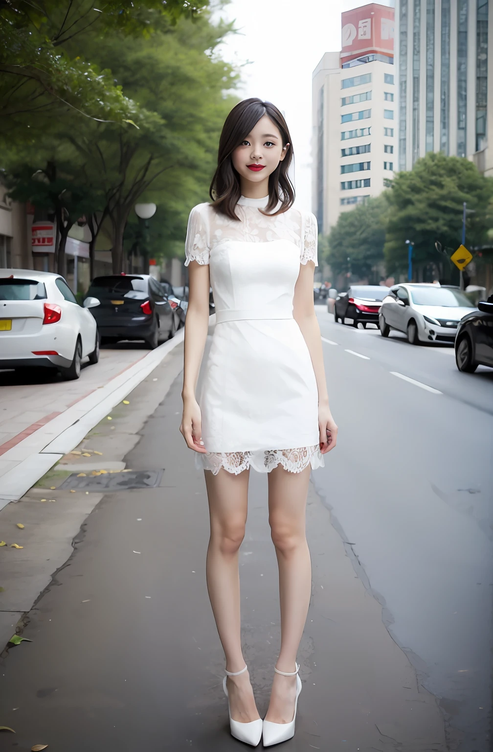 Chinese woman in lace dress standing on sidewalk,Long thin legs, very beautiful long slim legs, very beautiful slim legs, Black lace stop; On the street, chinese women's fashion model, mini-skirts, Long legs, Beautiful slim legs, photo of slim girl model, wearing tight simple clothes,White heels,realisticlying,hyper realisitc,Real Human,spread their legs