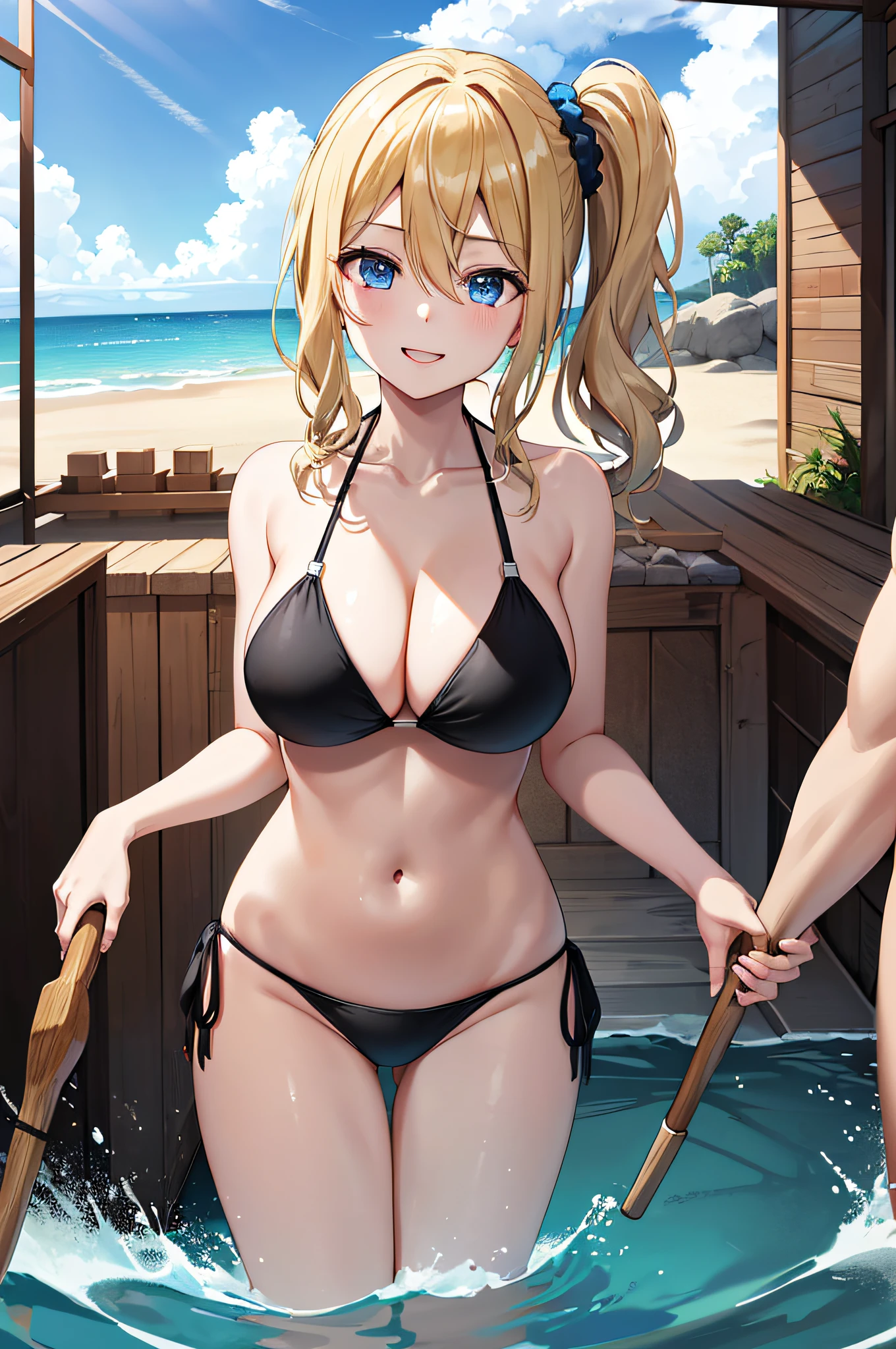 masterpeice, beste-Quality, Hi-Res, 1girl in, 独奏, Ai Hayasaka, Blue scrunchie, a side ponytail, Hair Between Eyes, Blue Eye, blonde  hair, hair adornments,Hairsh, bangss, length hair,  side locks, cow-boy shot,(Black Bikini:1.5)、the beach:1.5、(The  is standing:1.7)、Burst breasts,a blond、a smile, huge long breasts, Naughty big、Big breasts emphasis、