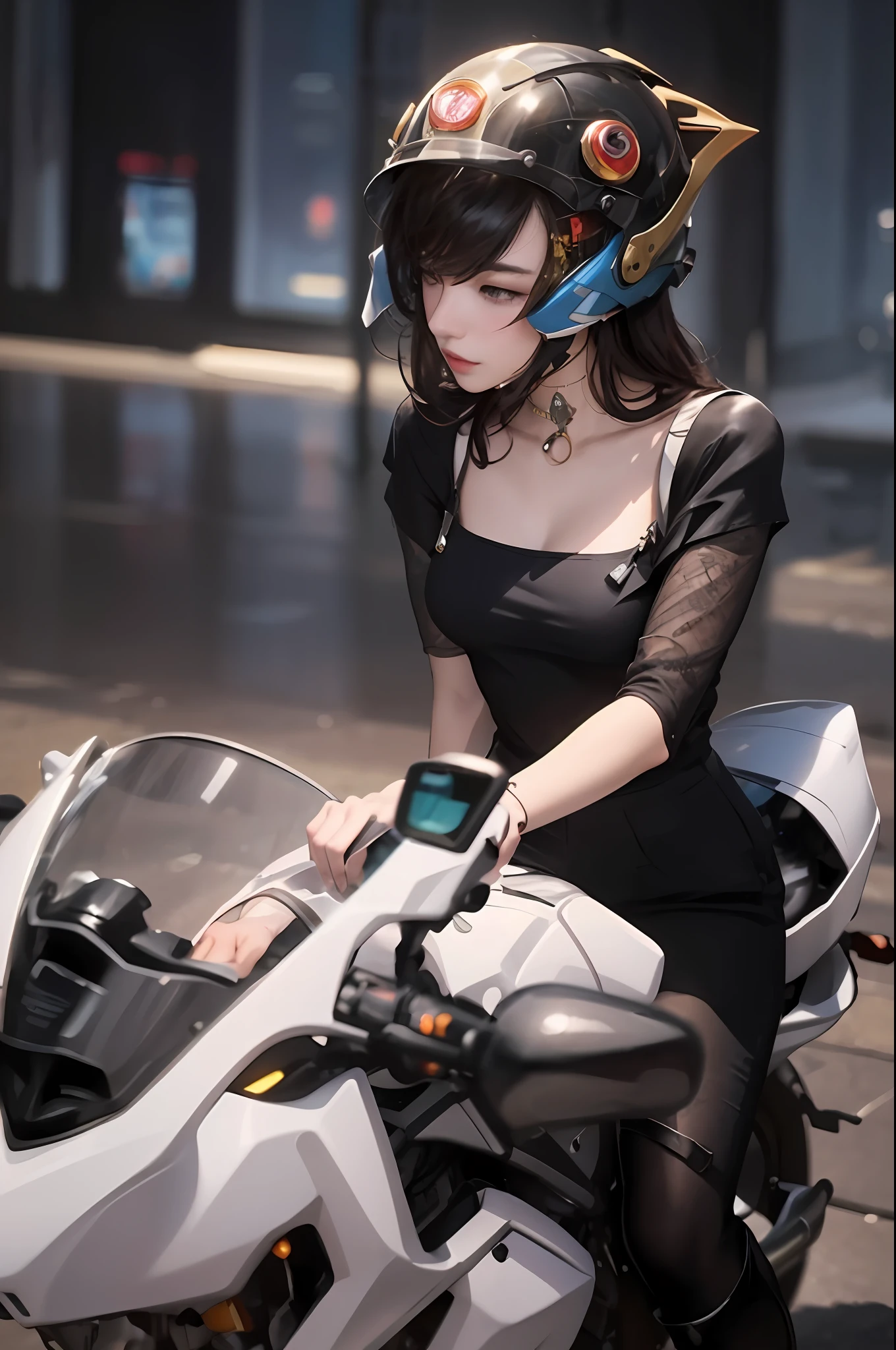 ??????? motorcycle with helmet, Guviz-style artwork, Guviz, by Yang J, sitting on cyberpunk motorbike, Extremely detailed Artgerm, Seductive girl, Artgerm and Atey Ghailan, 8 K, Detailed digital art, Guweiz in Pixiv ArtStation, Smooth CG art
