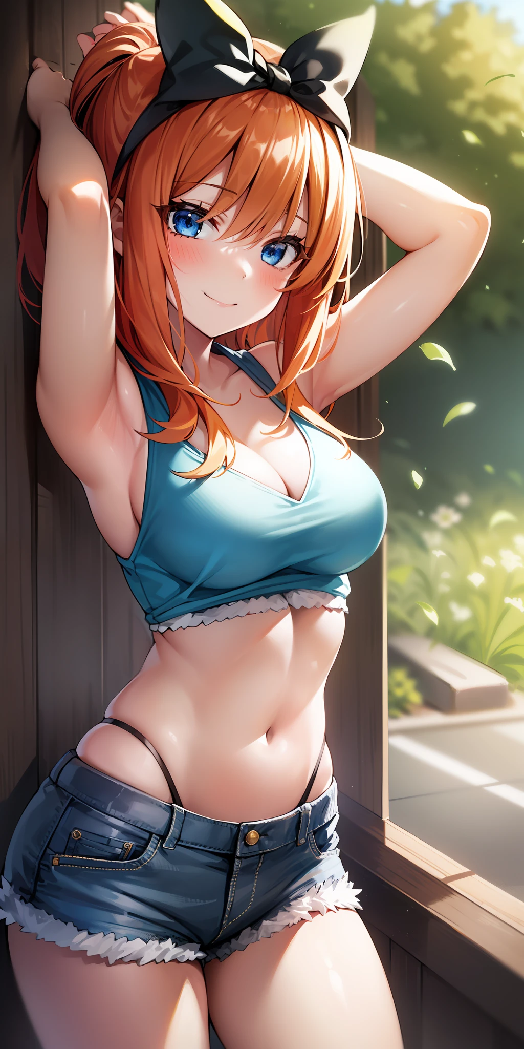 2d, masterpiece, best quality, anime, highly detailed, 1girl, solo, cowboy shot, nakano yotsuba, orange hair, hair bow, sports dress, sleeveless, cleavage , denim shorts, medium breasts, standing, , outdoors, smile