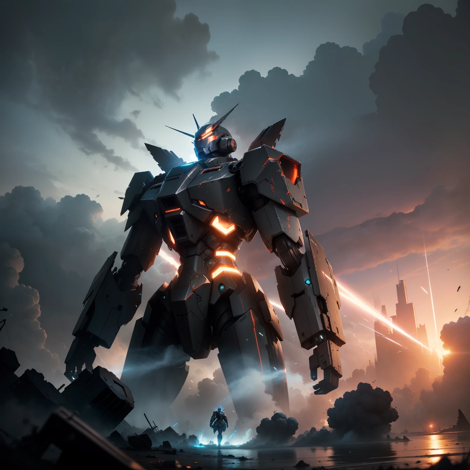 Destroyed environment，The background is dark，The sky is cloudy，Mecha showdown，Explosion at the scene，Contre-Jour，Ray traching，Mechs are angular，ultraclear，lightand shade contrast，Solid，The outline is obvious，For women，Snowflakes fall from the sky，Duel at sea