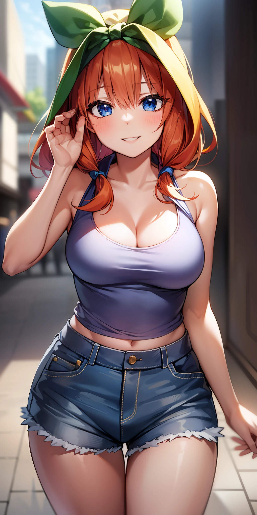 2d, masterpiece, best quality, anime, highly detailed, 1girl, solo, cowboy shot, nakano yotsuba, orange hair, hair bow, sports dress, sleeveless, cleavage , denim shorts, medium breasts, standing, , outdoors, smile