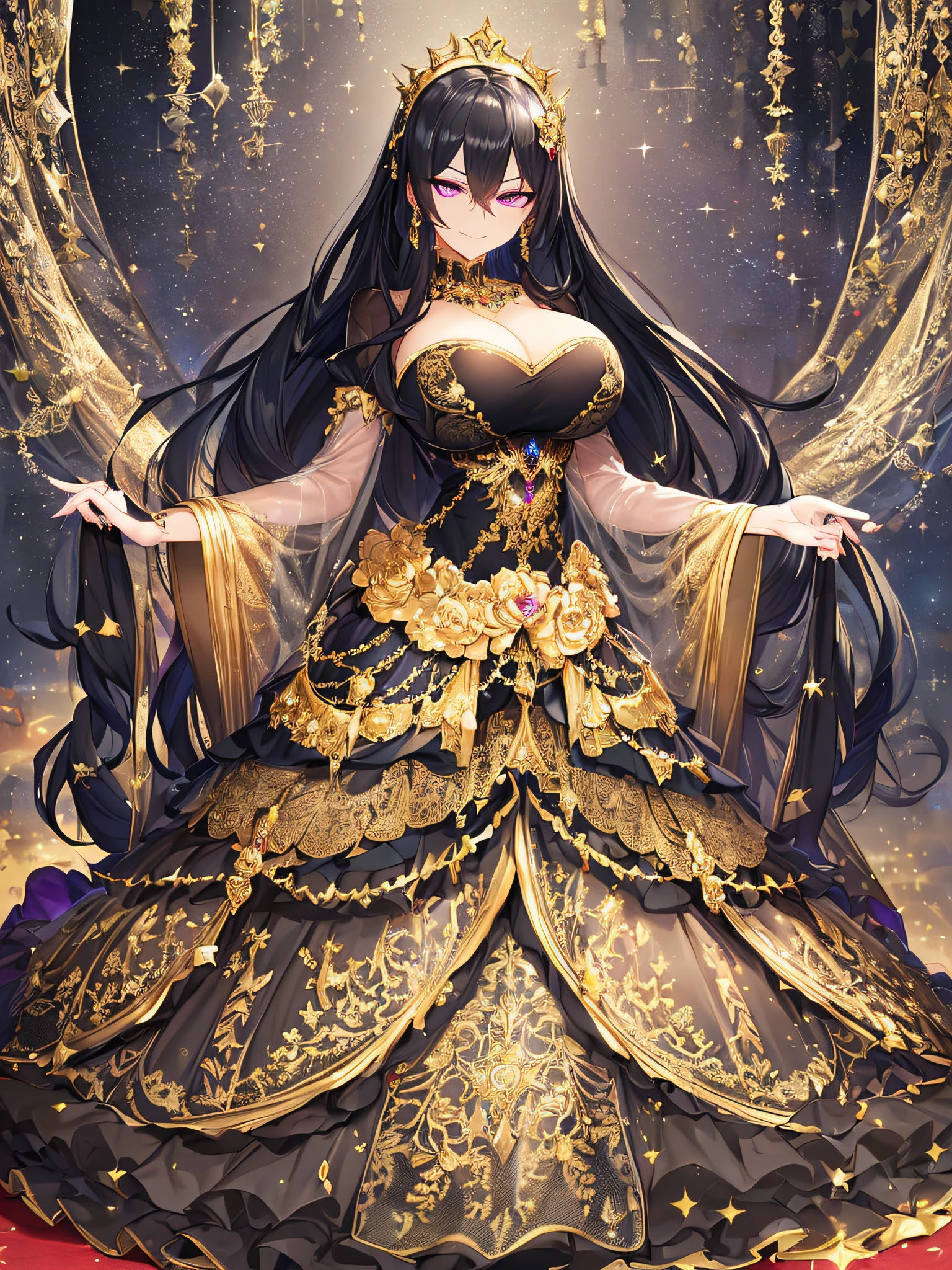 ((anime artstyle)),(Masterpiece),(Best Quality), (Super Detail),((Very Delicate and Beautiful)),Focus on character,Dynamic Angle,Looking at viewer,((Solo)),standing,((full body)),((one arrogant queen in glitter jeweled black and gold gorgeousfull ball gown with voluminous  fluffy skirt)),((BlingBling)),((arrogant)),((arrogant and naughty smile)),(Purple eyes),Sharp eyes,detailed face and eyes,jewel-like eyes,((Very Long voluminous black Hair)),Straight Hair,((Bangs between eyes)),((gorgeousfull embroidery and lace)),gorgeous corsage,See-through,gorgeousfull BlingBling hair ornament,gorgeousfull glitter jeweled tiara,ornate ruffles,((gigantic breasts,Long breasts)),skindentation,((full body)),((hoop skirt,crinoline)),(((gorgeous embroidery and glitter jeweled black and gold gorgeousfull ball gown with voluminous fluffy skirt))),(full body)