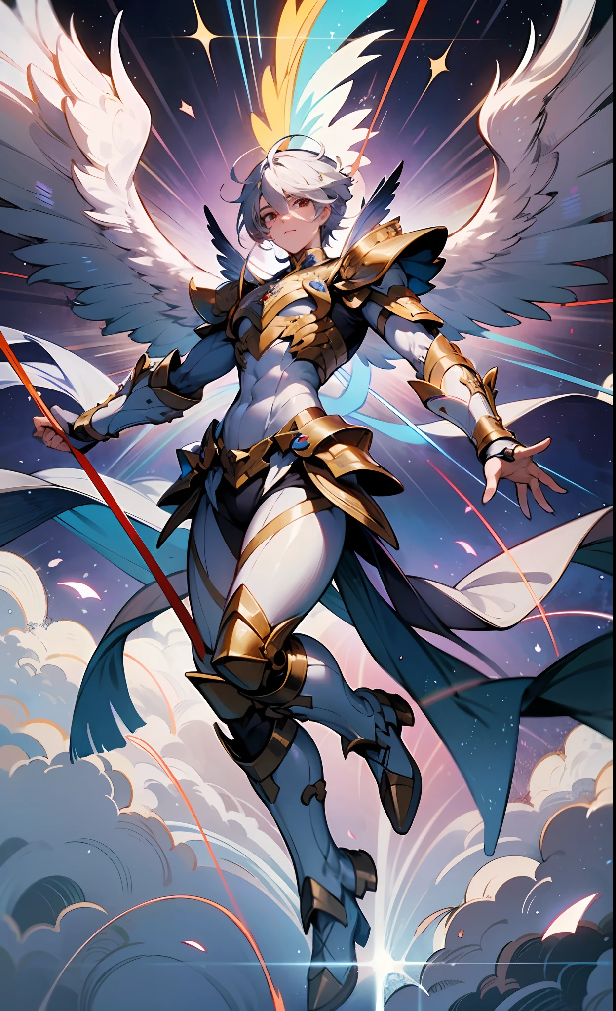 ((A majestic male god)) with ((four magnificent wings)), short white hair, elegantly shooting an magic arrow from his God bow, adorned in a shining white adamantium scale armor. He soars through the boundless sky, capturing a mesmerizing full-body shot of this celestial seraphim.
