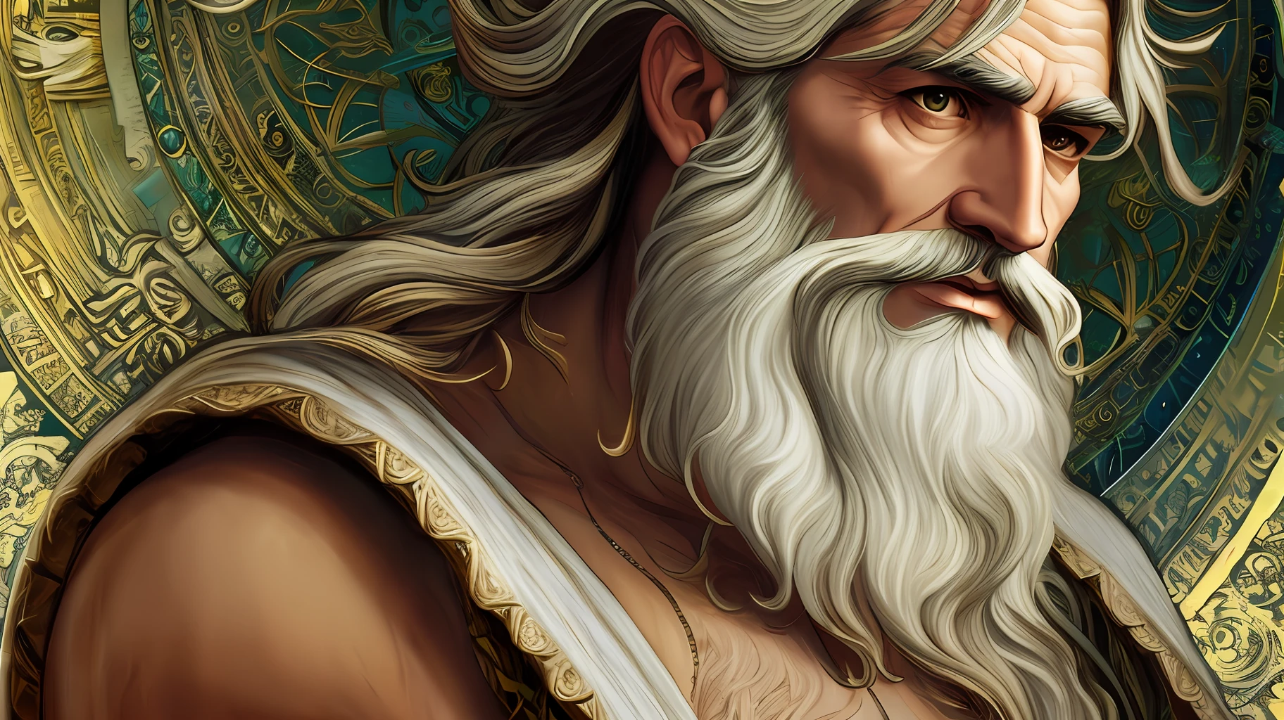 painted portrait of rugged zeus, god of thunder, greek god, on Mount Olympus, white hair, full body, mature, handsome, fantasy, intricate, elegant, highly detailed, digital painting, artstation, concept art, smooth, sharp focus, illustration, art by gaston bussiere and alphonse mucha