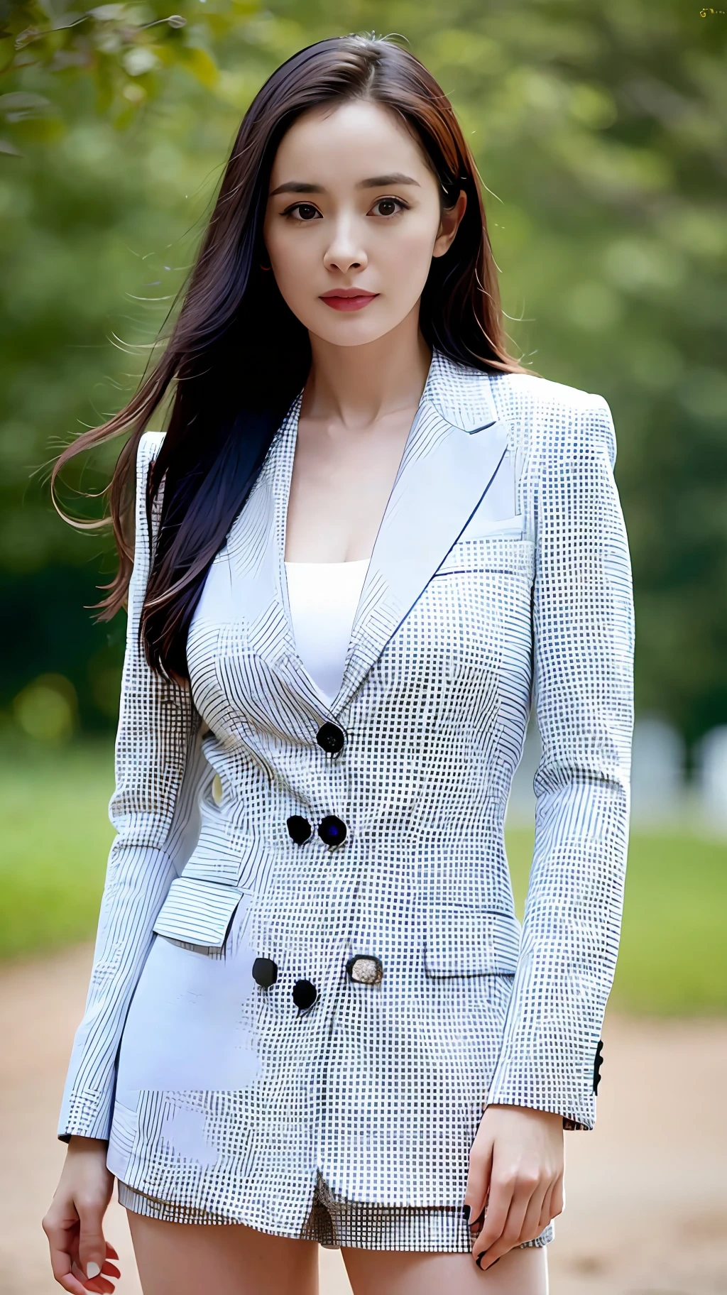 1girl,yangmi,RAW photo, ((bokeh)) , masterpiece, (photorealistic:1.4, realistic), highly detailed CG unified 8K wallpapers, ((thick body:1)), (medium breasts:1.2), looking at viewer, ((straight from front)), (HQ skin:1.2), 8k uhd, dslr, soft lighting, high quality, film grain, Fujifilm XT3, closed up,
business suit,
(outdoors, park),