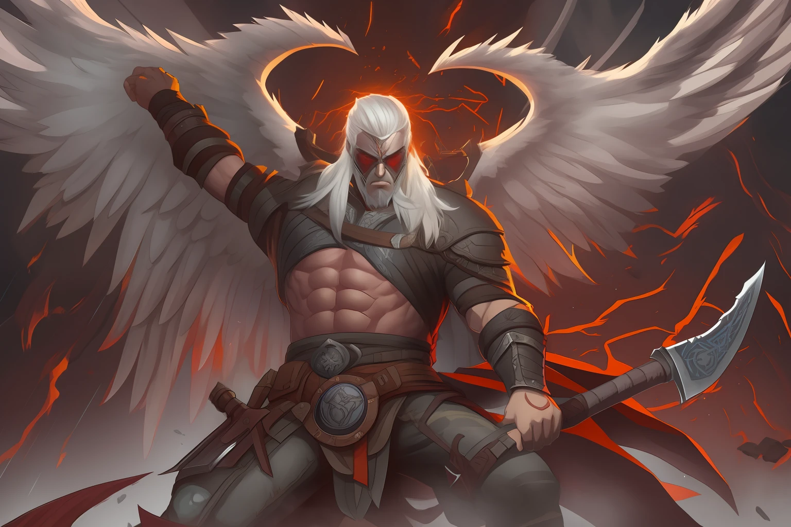 fallen angel Viking man, berserk, with huge wings, viking clothing, red eyes, White hair, dynamic pose,  (with electric guitar, rock guitar in the form of an axe), thunder, red lightning, storm, rain, microparticles, body in runes, dark fantasy, death metal, vampire aura, scandinavian runes, blood splashes,Cel-shaded, detailed, Arcane Animated Series Style, borderlands game style