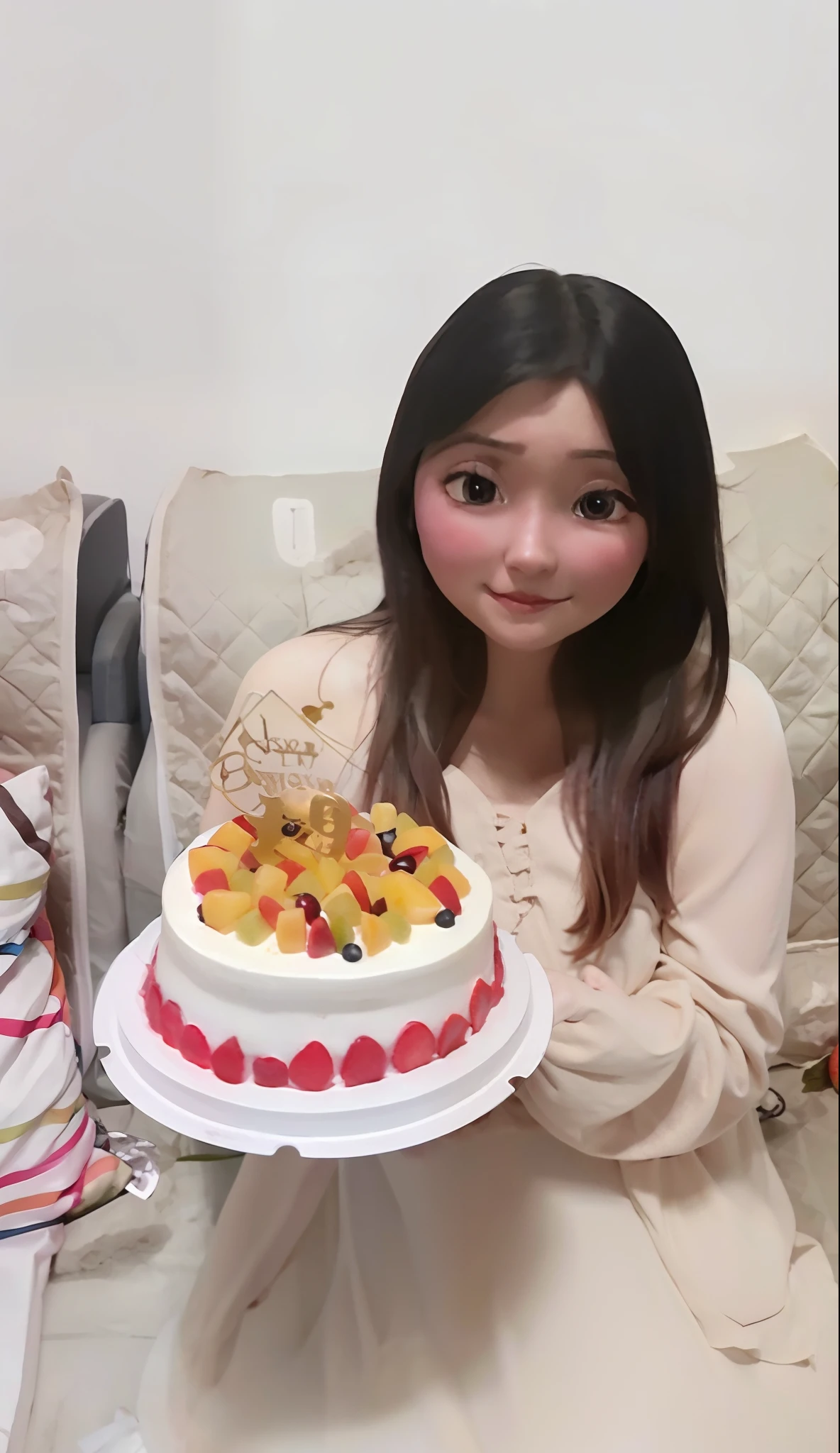 Arapei girl holding a cake in the living room，There is fruit on it, Holding a birthday cake, Anime girl in real life, 19-year-old girl, The birthday cake, anime barbie doll, belle delphine, cake sculpture, Ruan cute vtuber, 1 6 , Realistic anime 3 D style, tzuyu from twice