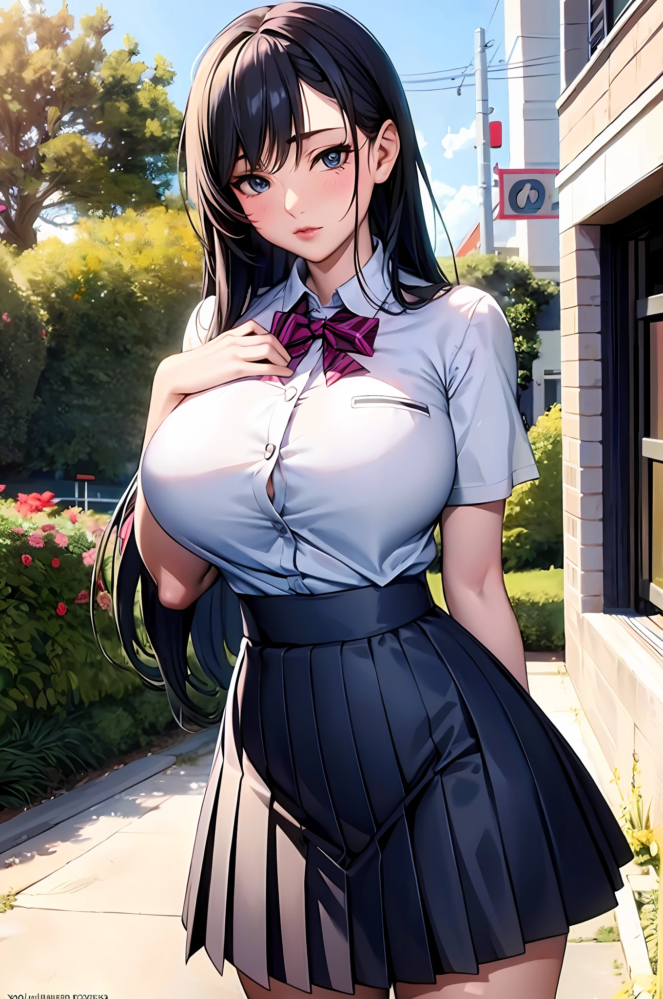 High school girl in white blouse and green checked skirt, long untied black hair, pinched eyes, long eyelashes, well-styled and fairly large breasts, white underwear showing skirt flipped up, pose emphasizing large breasts, naughty large breasts, naughty anime style, beautiful anime high school girl, surreal high school girl student, surrealistic high school girl, enchanting anime girl, realistic high school girl, big breasts emphasized, naughty anime style, naughty thighs, naughty thighs, smooth anime cg art, surrealistic high school girl, super realistic high school girl, enchanting anime girl, realistic high school girl, smooth anime cg art, anime girls, beautiful anime high school girls, beautiful anime girls, beautiful attractive anime teen, naughty anime style, photorealistic anime girls rendering