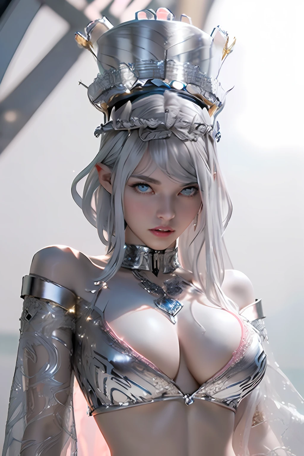 Ultra-detailed complex 3D rendering of the face, (masterpiece, top quality, octane rendering,), glamour shots full body image, very beautiful young elves, cleavage, (highly detailed skin: 1.2), (exposure: 1.1), ((blue micro bikini: 1.95)))). , 8k, (((very soft breasts)), (((conspicuous large pink areola)), beautiful Caucasian woman with white skin with full soft breasts with big buttocks, one, long braided hair, big breasts, dynamic angles, (((huge breasts: 2.4)), ultra-realistic photos, ((((((silver hair)))), futuristic urban background, facial muscles, (((((detailed and glamorous silver crown)))), In the style of Marvel Comics, ArtStation Trends, Clear Focus, Intricate Details, Very Detailed, Detailed Green Eyes, Sharp Focus, Digital Rendering, Professional, Abs, Lip Gloss, Glossy Skin, Sexy Pose, Golden Tattoo All Over Body, Silver Pattern All Over Body, Silver Lame Skin, Gold Glitter Skin, Mansuji, Buttocks, Jeweled All Over the Body, with silver scales, silver hair,