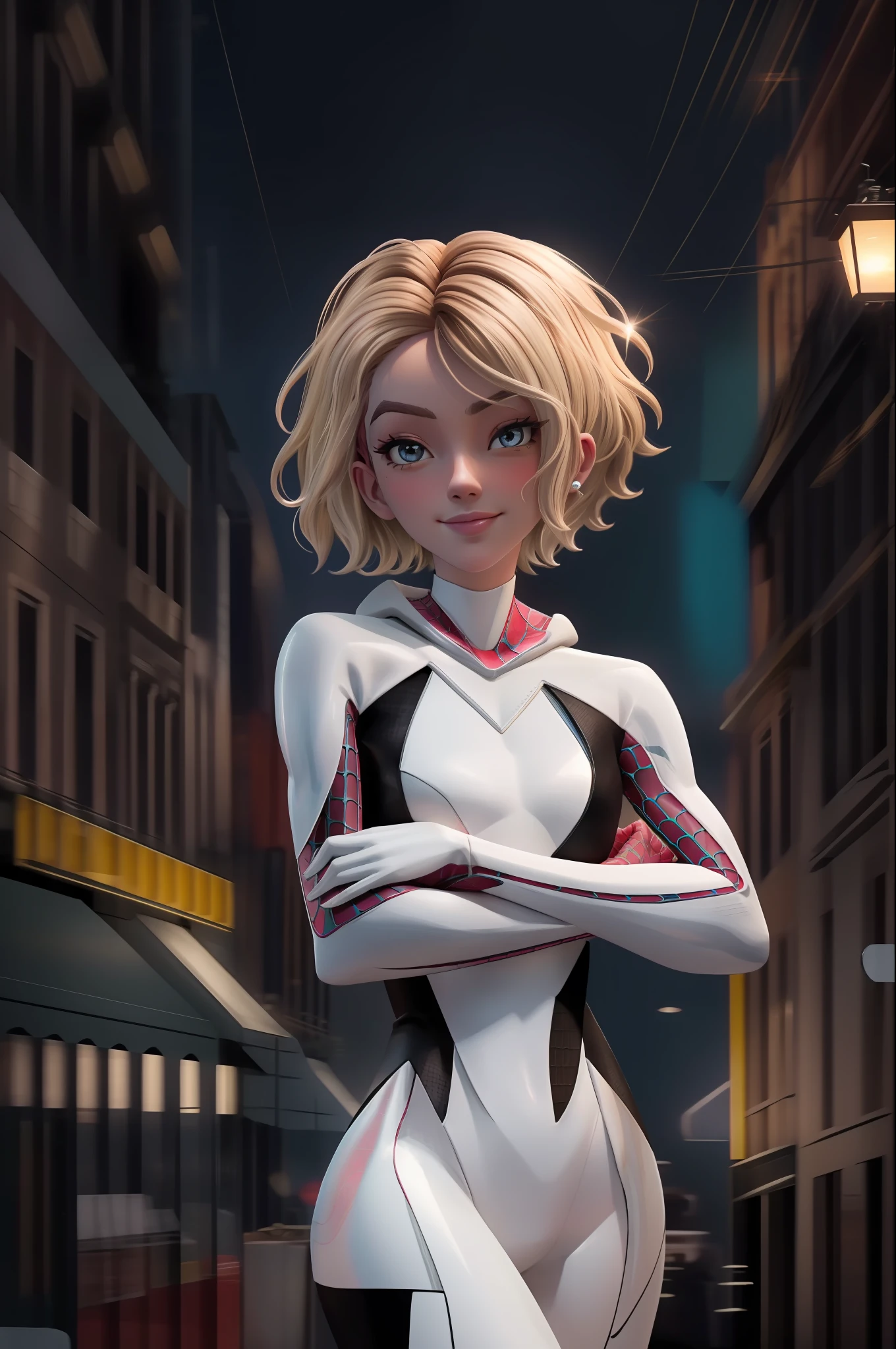 (masterpiece, best quality),  intricate details,
1girl,  gwen stacy, blonde hair , short hair, animification ,eyebrow piercing,spider-gwen suit , bodysuit , superhero
smirking,