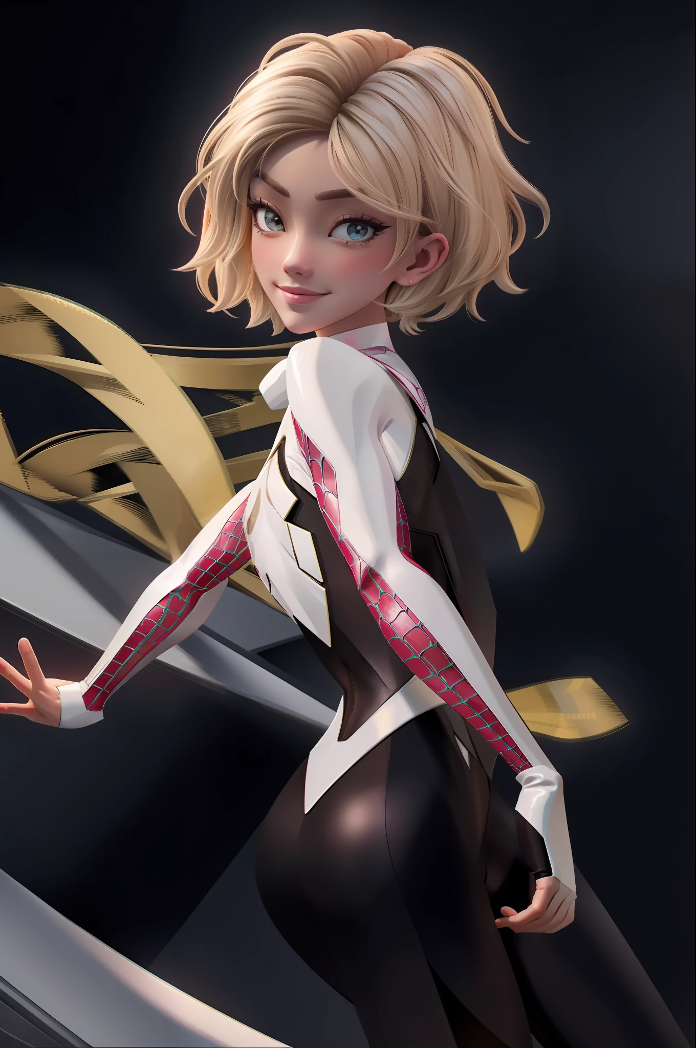 (masterpiece, best quality),  intricate details,
1girl,  gwen stacy, blonde hair , short hair, animification ,eyebrow piercing,spider-gwen suit , bodysuit , superhero
smirking,