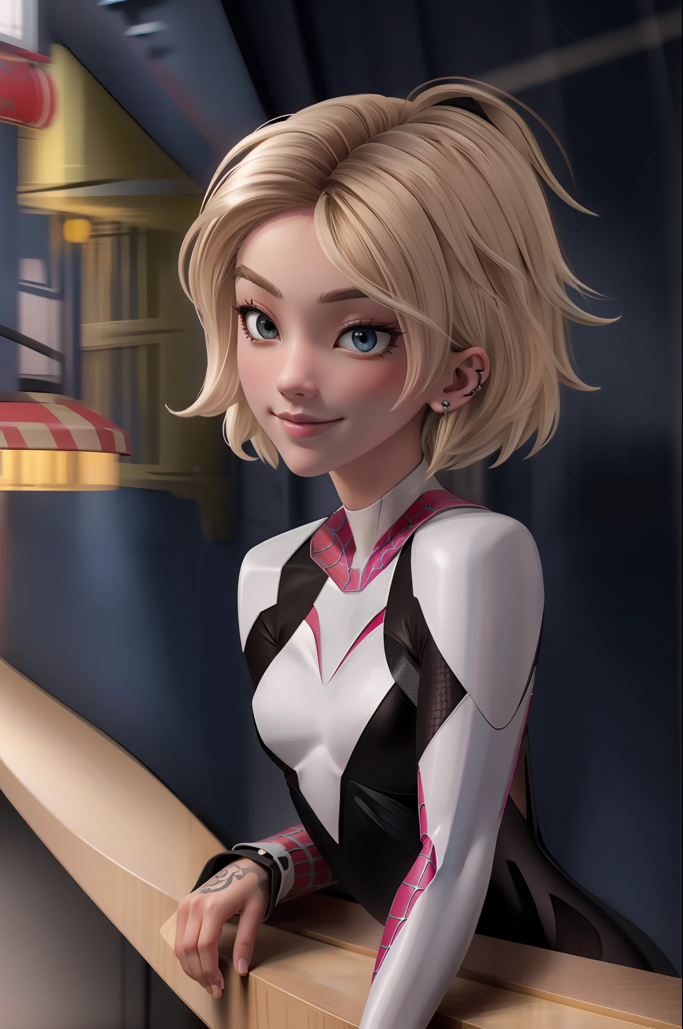 (masterpiece, best quality),  intricate details,
1girl,  gwen stacy, blonde hair , short hair, animification ,eyebrow piercing,spider-gwen suit , bodysuit , superhero
smirking,